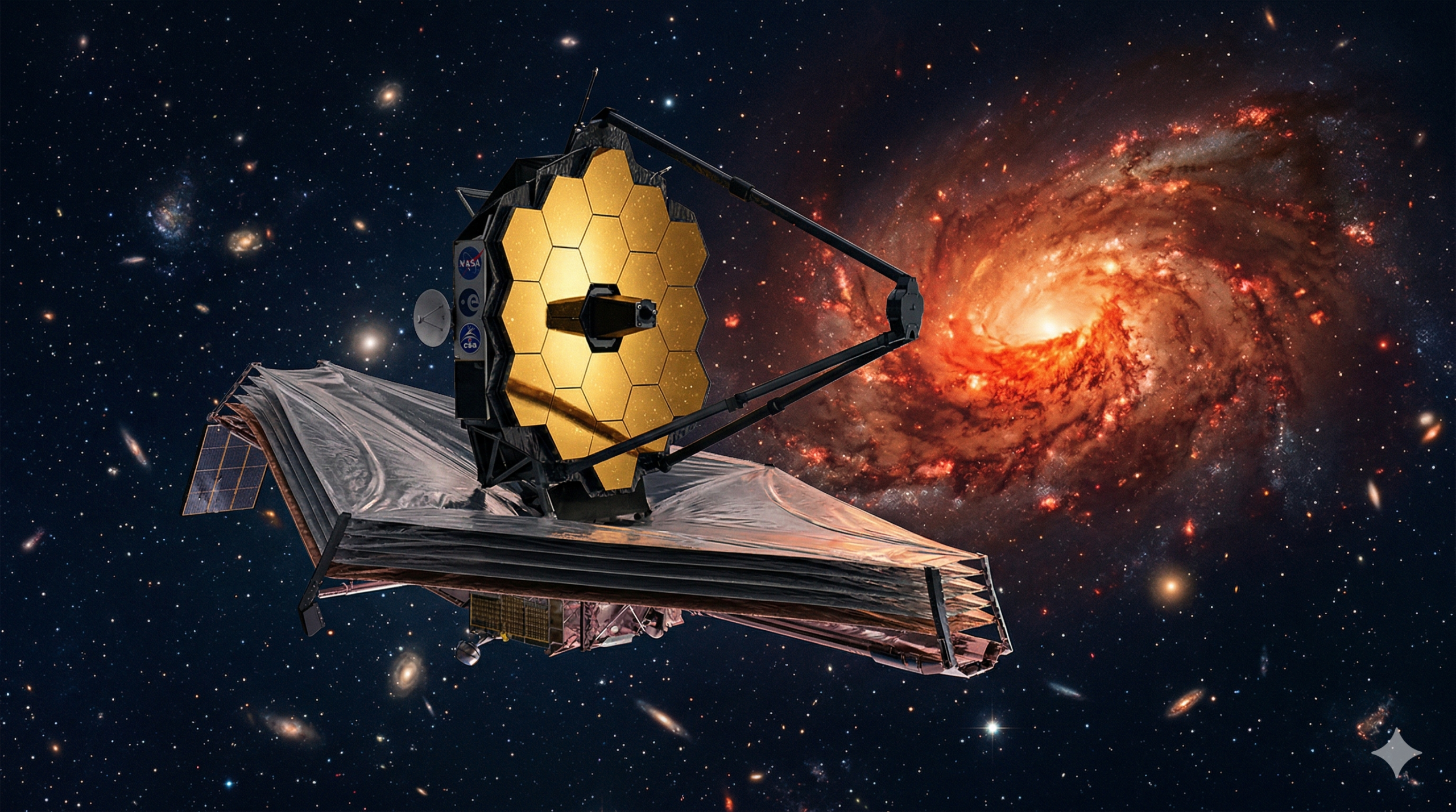 Um telescópio espacial complexo e moderno, o James Webb, está centralizado em um vácuo escuro do espaço profundo, cravejado de milhares de estrelas distantes e pequenas galáxias. O telescópio tem seus 18 espelhos primários hexagonais dourados visíveis e voltados para a frente, refletindo a luz cósmica, e seu escudo solar prateado de várias camadas esticado e totalmente desdobrado abaixo. O observatório flutua serenamente. À direita do telescópio, uma galáxia espiral gigantesca, antiga e densa brilha intensamente com braços espirais em tons quentes de vermelho escuro e laranja vibrante. O telescópio está apontado na direção dessa galáxia distante. A composição é majestosa e cinematográfica.