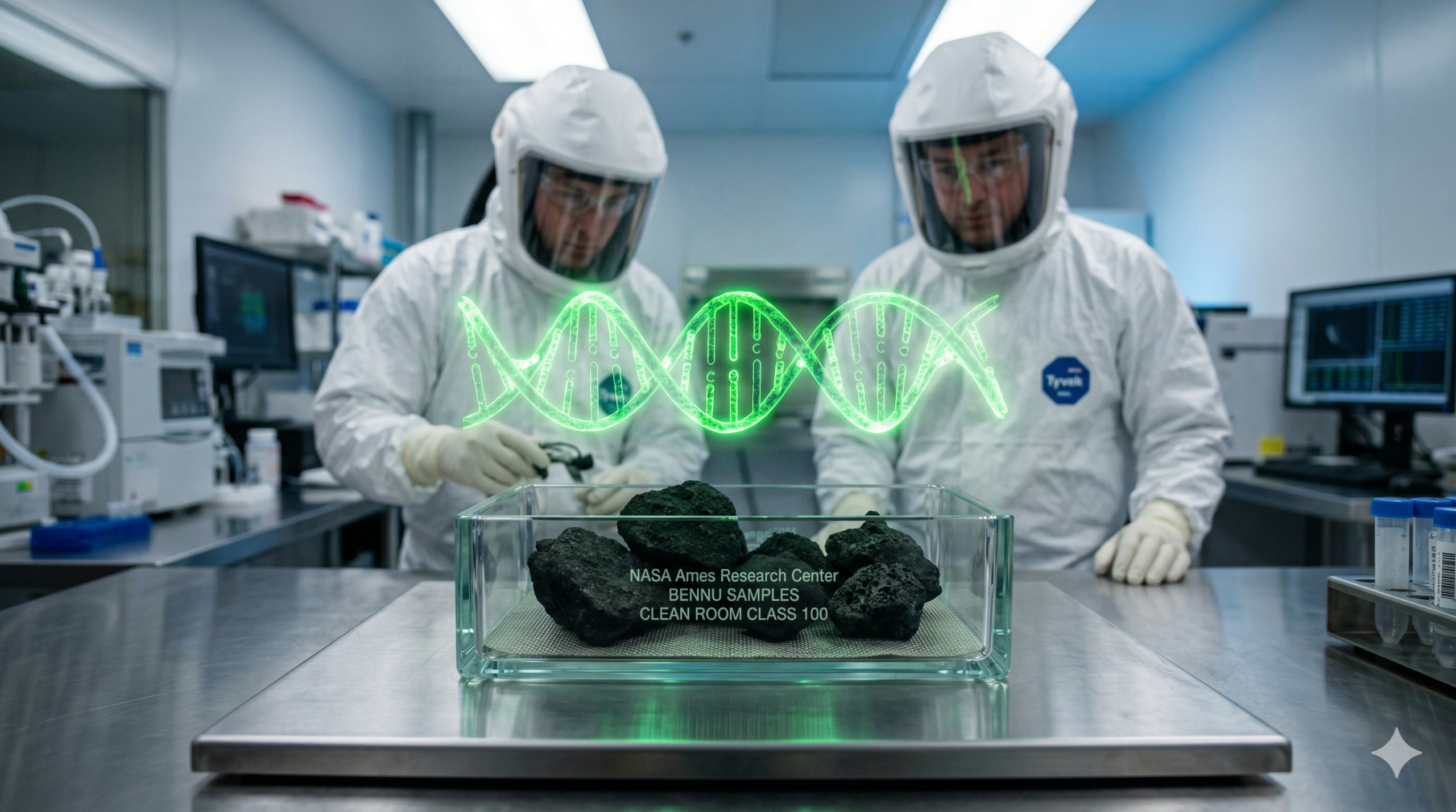 Uma fotografia em close-up fotorrealista de um laboratório ultraesterilizado da NASA contendo fragmentos de rocha escura e porosa do asteroide Bennu em um recipiente de vidro. Acima das pedras, um holograma verde-neon tridimensional de uma molécula de RNA flutua com o foco no Uracila brilhando sutilmente. Ao fundo desfocado, dois cientistas em trajes de proteção completos observam. A iluminação é clínica e branca.