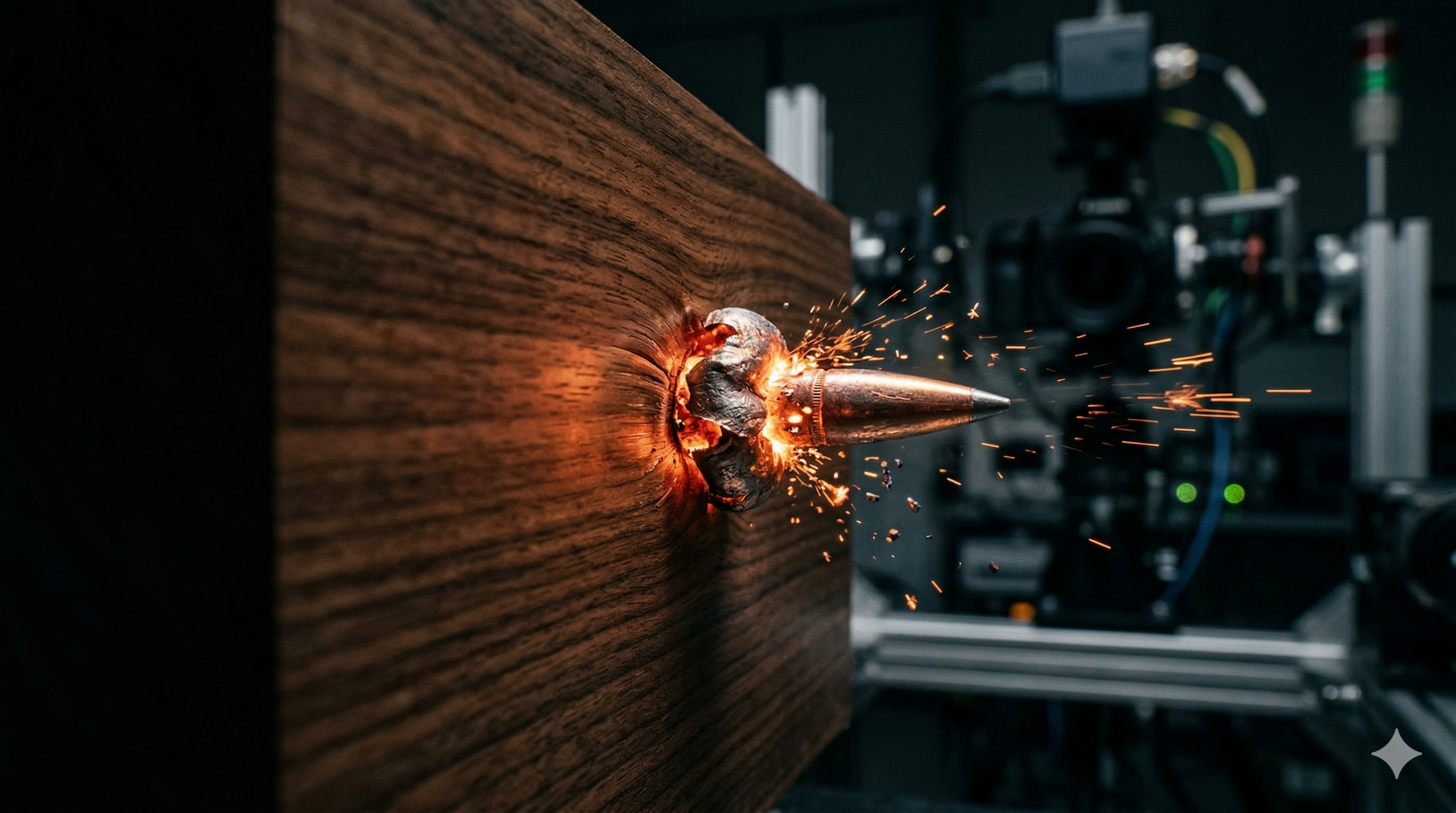 Uma macrofotografia de alta velocidade mostrando o impacto lateral de um projétil de metal pontiagudo em um bloco de madeira escura e polida. A bala está sendo esmagada na colisão, gerando uma nuvem dramática de faíscas laranja e vermelhas brilhantes que voam para a direita. A superfície da madeira ao redor do impacto está deformada e comprimida para dentro, mas não racha ou estilhaça. O grão da madeira permanece visível e intacto. O fundo é escuro e técnico, com equipamentos de câmera e cabos desfocados. A iluminação é dramática e focada na colisão quente contra a madeira escura.