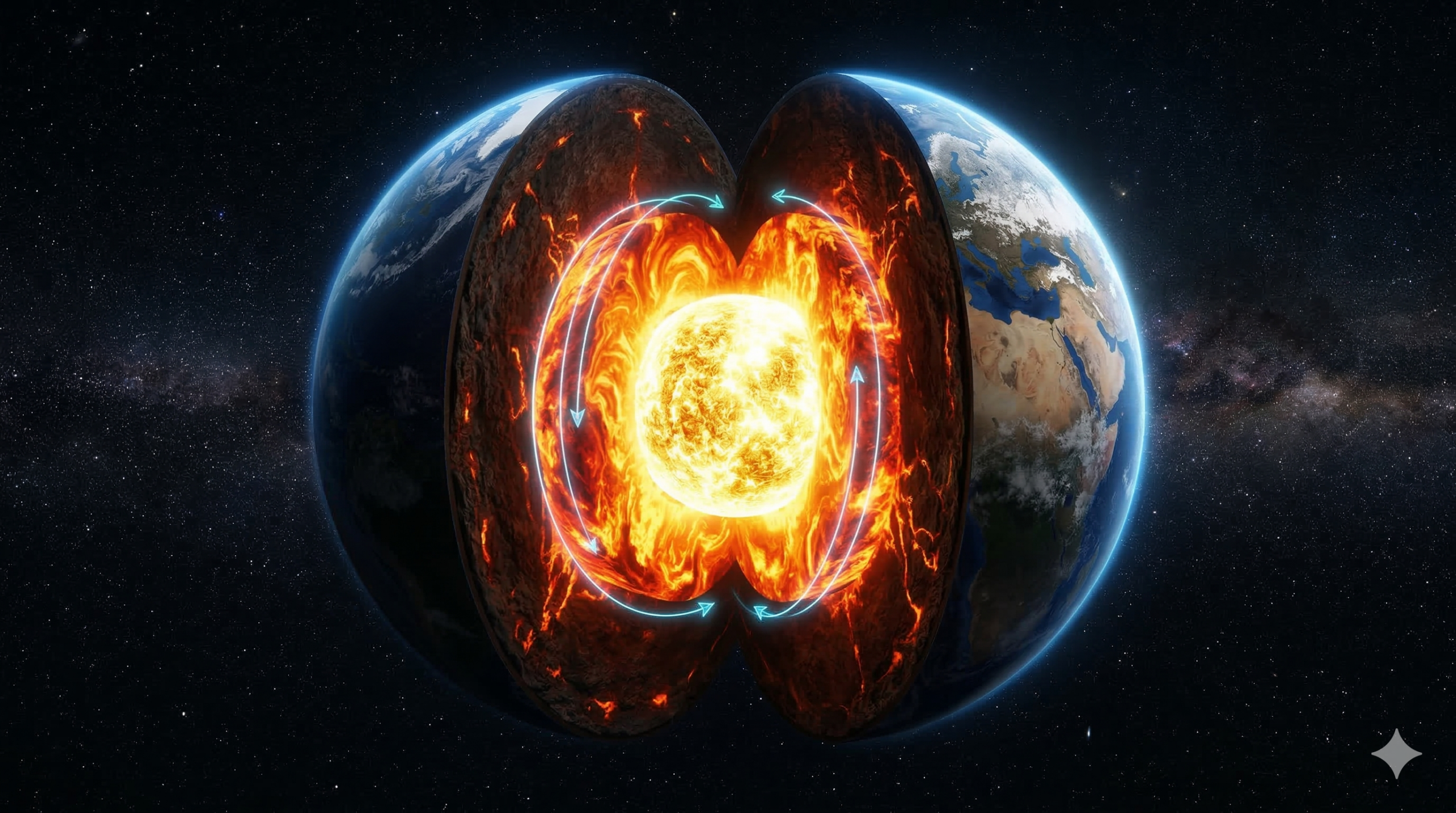 Fotomontagem fotorrealista de um corte transversal da Terra flutuando no espaço sideral. O núcleo interno é uma esfera amarela brilhante e sólida, cercada por metal líquido laranja rodopiante. Setas neon azuis gráficas indicam a rotação no sentido horário ao redor do núcleo sólido. A superfície da Terra com continentes e atmosfera é visível no topo, contra um fundo de estrelas.