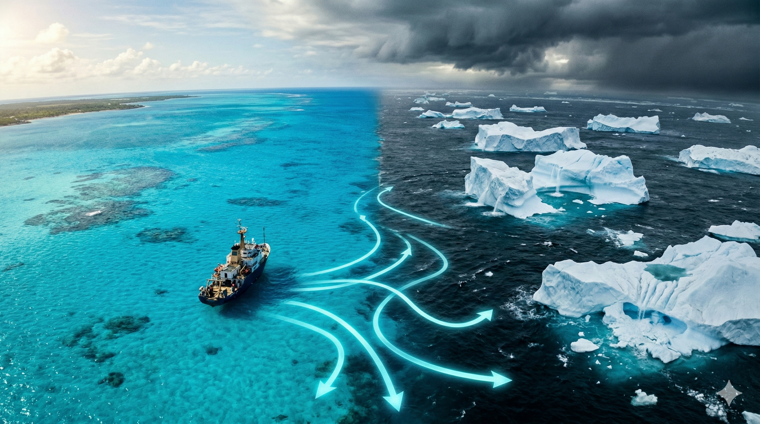 Uma vista aérea de alta altitude mostrando uma linha divisória exata no oceano. O lado esquerdo tem água azul-turquesa clara com recifes de coral e um navio científico sob céu limpo. O lado direito tem água azul-escura cheia de icebergs brancos sob um céu de tempestade. Setas azuis luminescentes indicam correntes oceânicas fluindo através da fronteira.