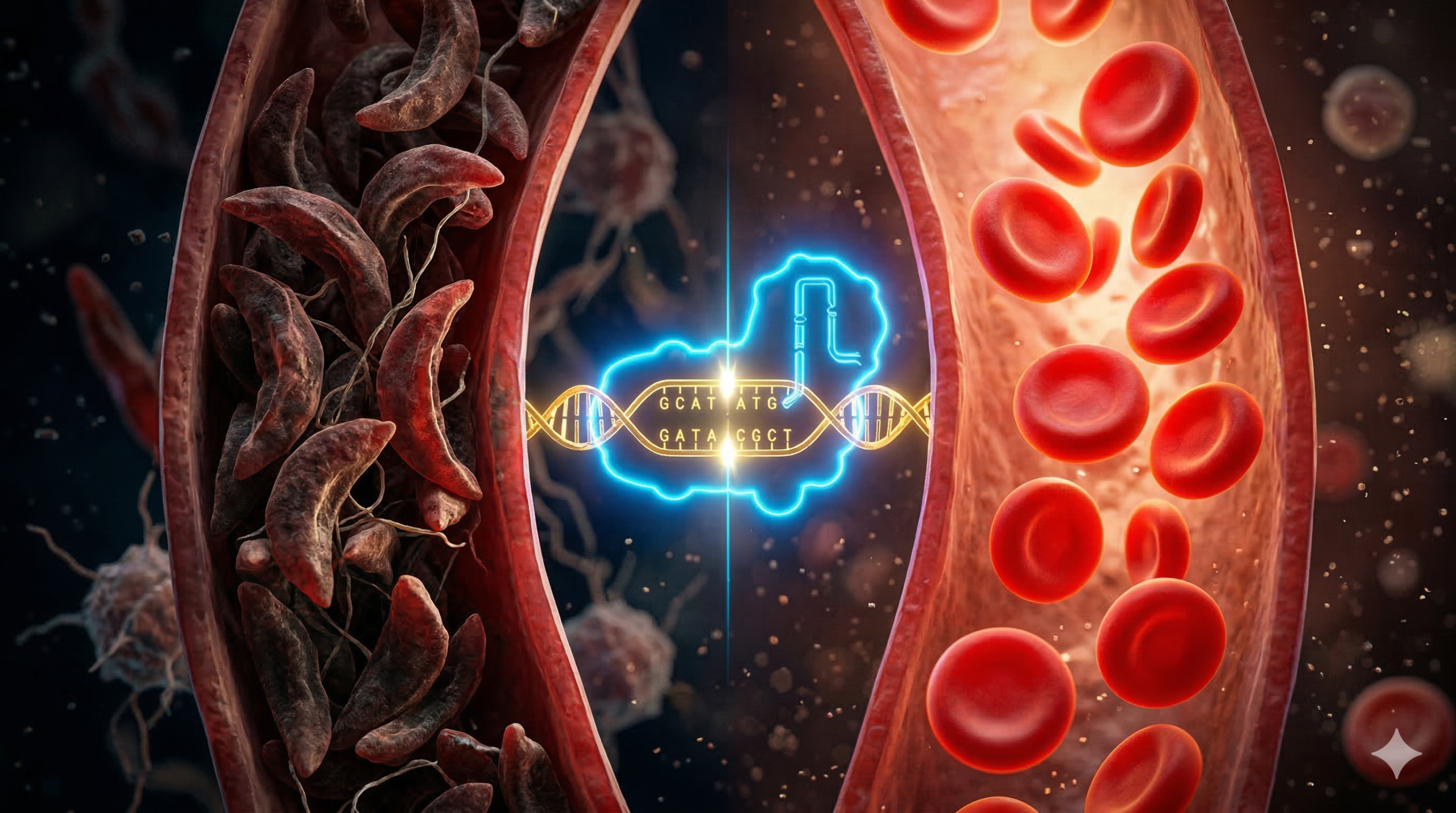 Uma macrofotorrealista e cinematográfica em plano fechado do interior da corrente sanguínea humana, dividida conceitualmente em duas partes. No lado esquerdo, glóbulos vermelhos doentes e deformados, com aspecto rígido, escuro e em formato de foice, estão congestionando um vaso sanguíneo estreito. No lado direito, glóbulos vermelhos recém-fabricados, perfeitamente redondos, flexíveis e de vermelha vibrante, fluem livremente através de um vaso mais amplo. No centro exato da divisão, uma representação gráfica sutil e futurista de uma tesoura molecular CRISPR de néon azul está cortando uma pequena fita de DNA dourada iluminada. A iluminação dramática foca no contraste entre a doença e a cura de alta tecnologia médica. Proporção 16:9.