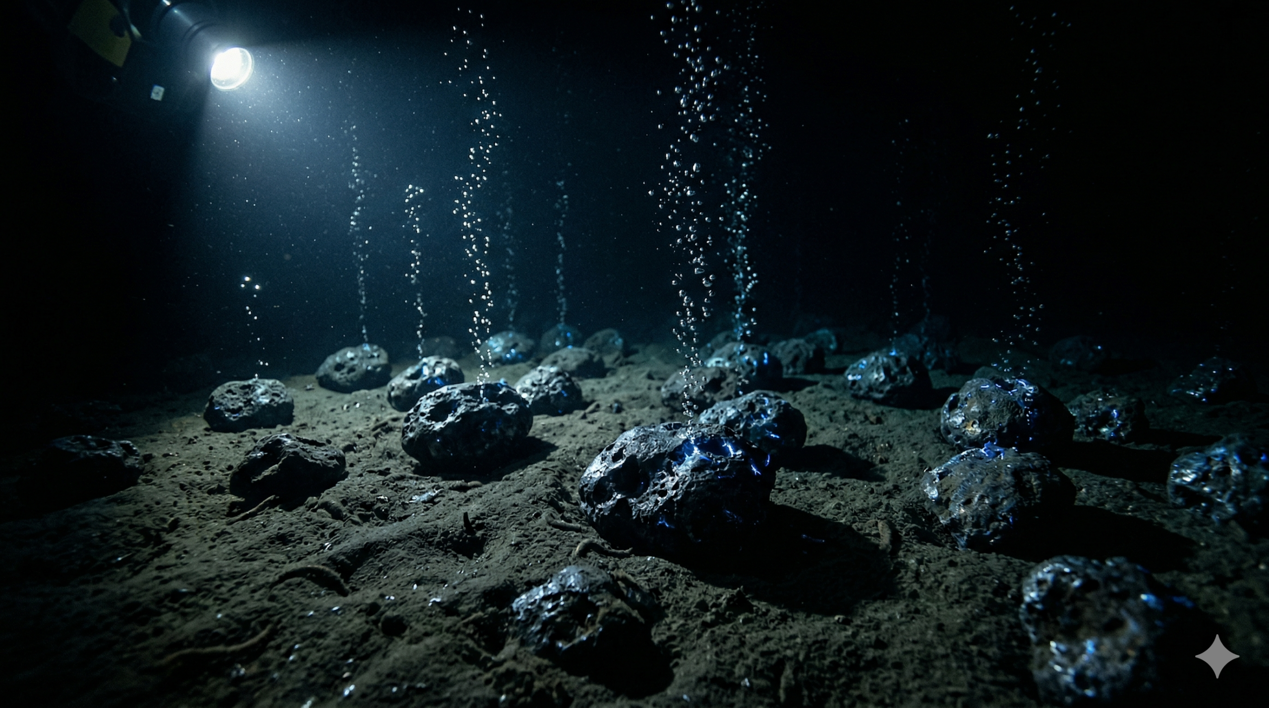 Uma fotografia de alta resolução do leito marinho abissal arenoso. Um holofote de submarino ilumina diversos nódulos polimetálicos pretos e irregulares. Correntes sutis de microbolhas sobem de cada nódulo. As pedras têm um brilho azulado sutil.