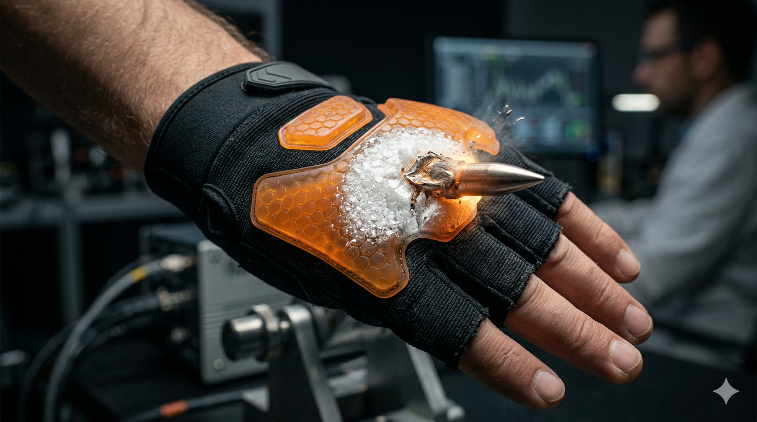 Uma macrofotografia fotorrealista de uma mão humana usando uma luva preta com pads de gel laranja translúcido integrados. Um projétil de metal pontiagudo está achatado contra a superfície lateral de um pad de gel. O gel no ponto de impacto é branco, opaco e esmagado, enquanto o gel adjacente permanece translúcido e flexível. O fundo é escuro e desfocado com silhuetas de equipamentos de laboratório. A iluminação foca no metal e no gel impactado.
