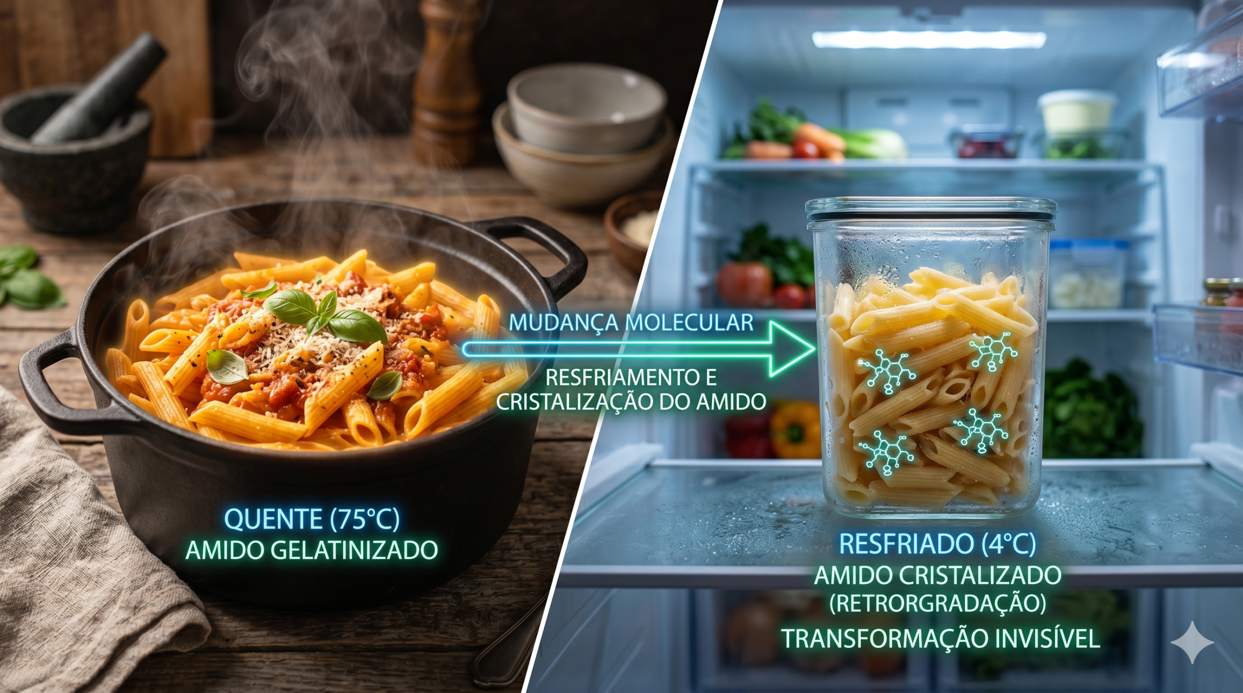 Uma fotografia fotorrealista de alimentos dividida em duas metades por uma superfície metálica sutil. A metade superior mostra uma panela rústica com macarrão penne fumegante em molho, com texto neon: "QUENTE (~75°C)" e "AMIDO GELATINIZADO". Uma seta neon azul-verde flui para a direita. A metade inferior mostra o mesmo macarrão em um pote de vidro hermético dentro de uma geladeira moderna e fria, com texto neon: "RESFRIADO (~4°C)" e "AMIDO CRISTALIZADO (RETRORGRADAÇÃO)". Um ícone de floco de neve neon flutua sobre o pote. A iluminação é de estúdio e a proporção é 16:9.