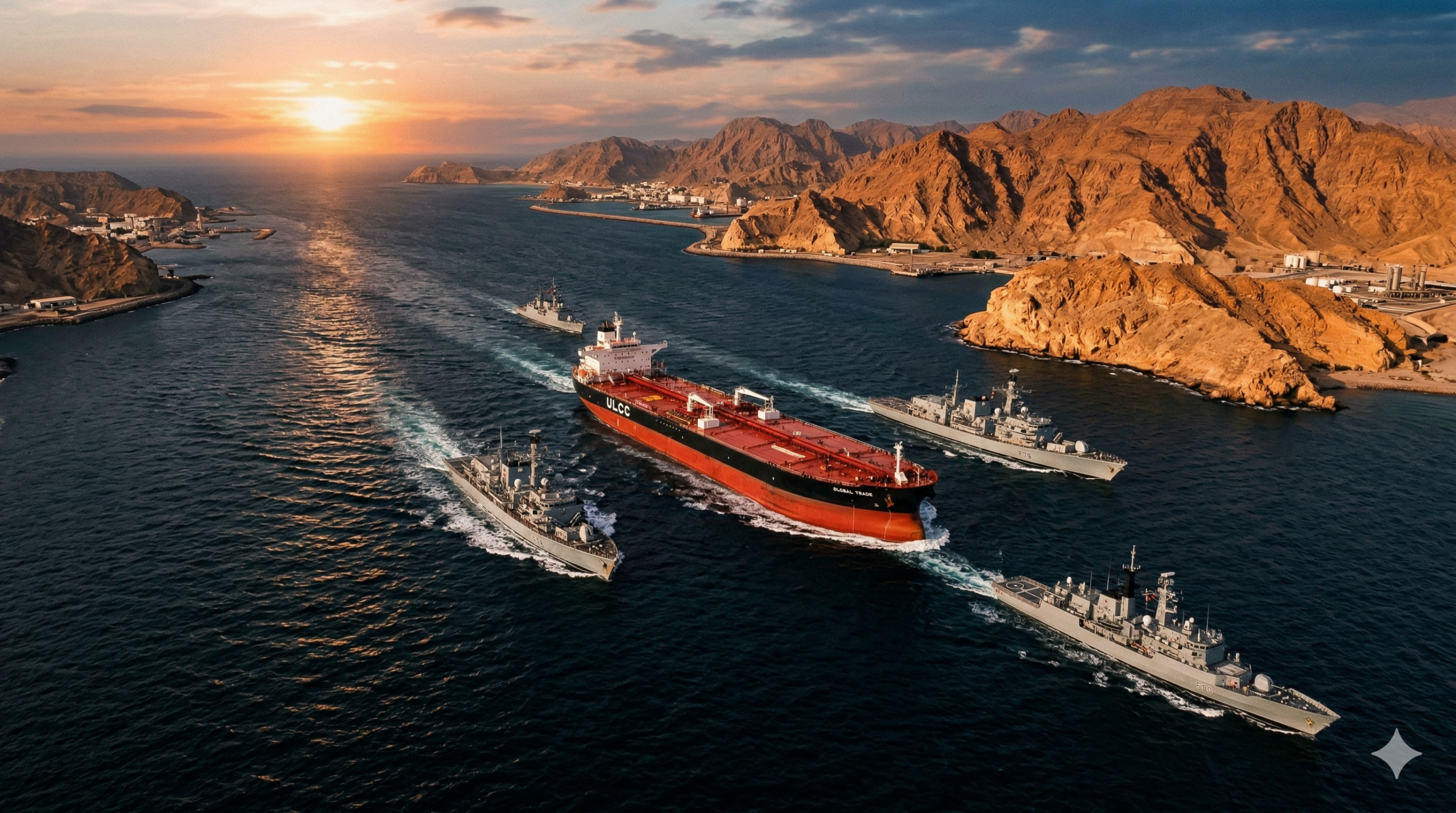 Plano aéreo de alta altitude mostrando um gigantesco superpetroleiro vermelho e preto no centro do Estreito de Ormuz, cercado por quatro navios de guerra cinzentos que o escoltam. Montanhas áridas e alaranjadas alinham a costa ao fundo sob um céu de fim de tarde com o sol poente refletindo na água.