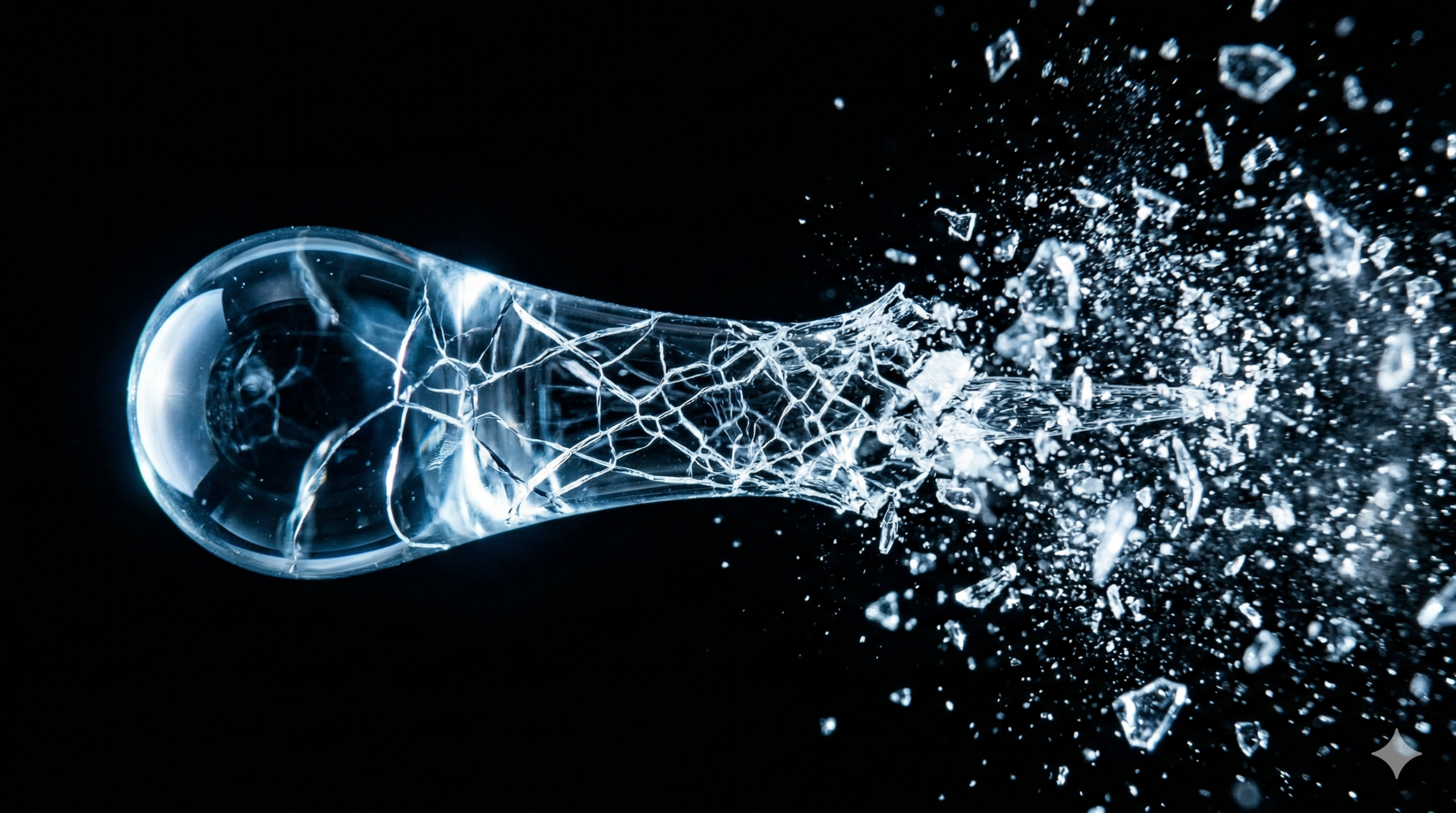 Uma fotografia macro de alta velocidade congelando o momento em que uma gota de vidro transparente estilhaça. A cabeça arredondada da gota está à esquerda, com o corpo se quebrando no centro e explodindo em uma nuvem de fragmentos brilhantes e irregulares para a direita, contra um fundo preto. A luz destaca as bordas dos estilhaços.