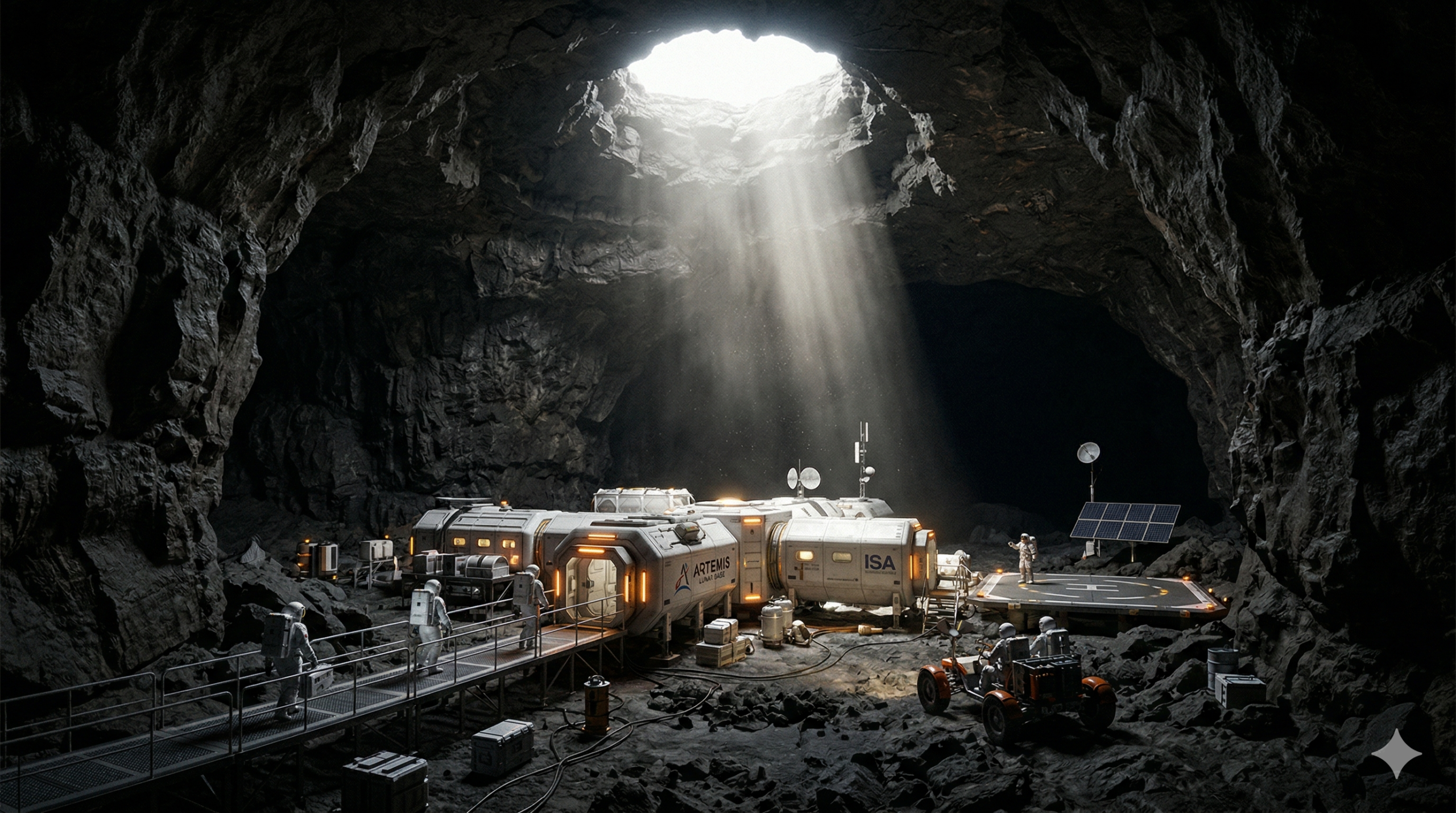 Uma fotografia fotorrealista em plano amplo de uma base lunar modular instalada dentro de uma caverna gigante de rocha basáltica escura. Um enorme feixe de luz solar com poeira lunar suspensa entra por uma claraboia no teto, iluminando a base modular branca. A base tem os textos "ARTEMIS LUNAR BASE" e "ISA". Três astronautas caminham por uma passarela em direção à base, e um quarto está do lado de fora. Um rover lunar está estacionado à direita. Equipamentos como painéis solares e antenas estão visíveis. A caverna é escura e rochosa.