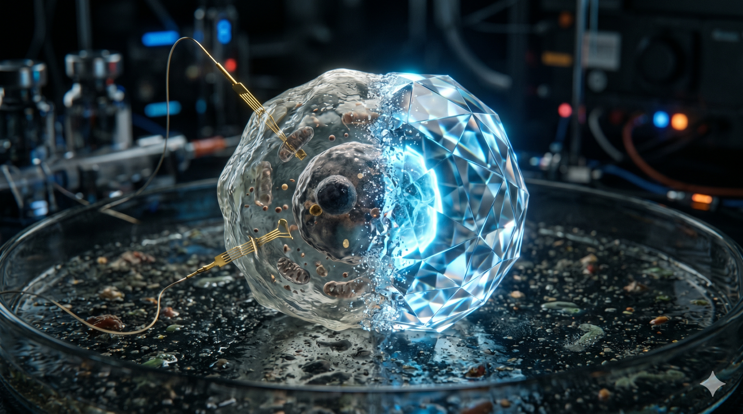 Uma fotografia macro conceitual e fotorrealista de uma célula humana em uma placa de Petri sob luz laboratorial escura. A célula central está dividida: a metade esquerda é biologia orgânica translúcida, e a metade direita é uma estrutura sólida de vidro facetado brilhante (biovidro). Fios elétricos dourados finos (eletrodos) estão inseridos na parte orgânica. O biovidro emana um brilho azul-neon sutil. O fundo é um laboratório escuro e desfocado com equipamentos de alta tecnologia e partículas na placa.