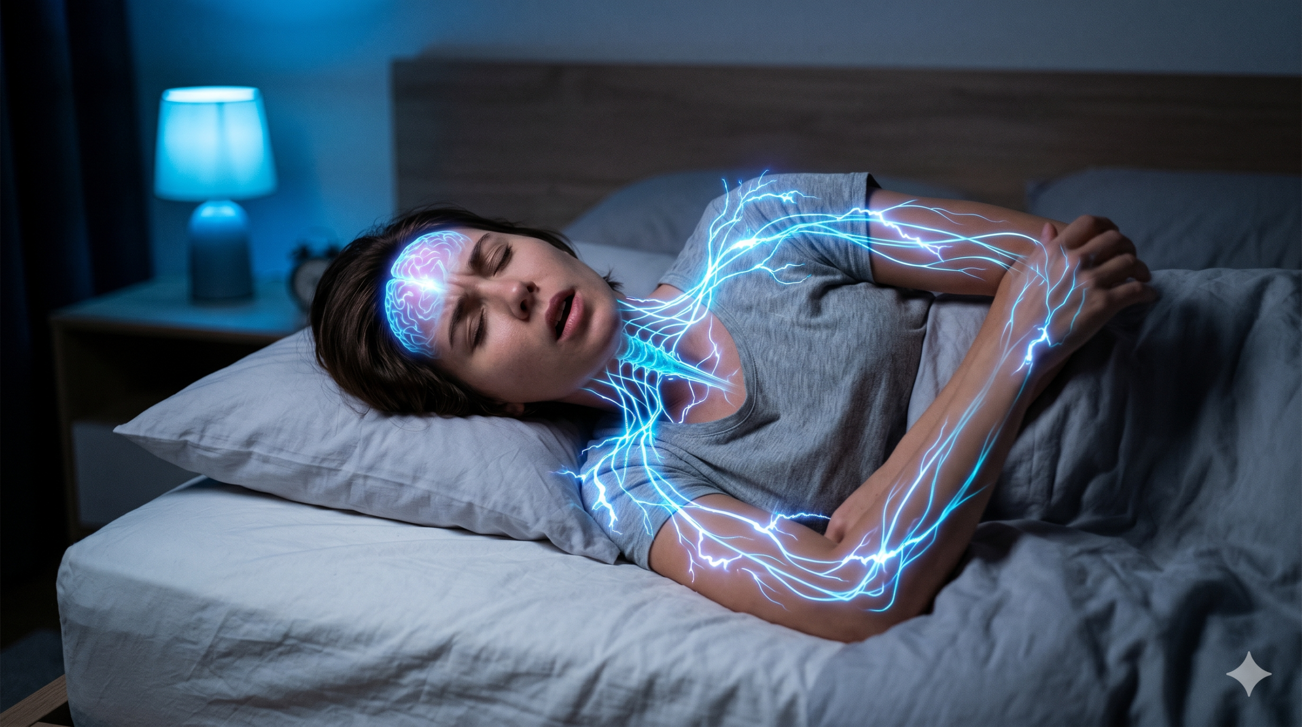 Fotografia fotorrealista de uma pessoa deitada na cama à noite, com os olhos fechados e uma expressão de susto sutil no milissegundo de um espasmo. Um pulso elétrico azul-neon visualmente brilhante percorre seu cérebro, pescoço e braços, representando a eletricidade nervosa que causa o "pulo". O quarto está na penumbra com luz noturna azul.