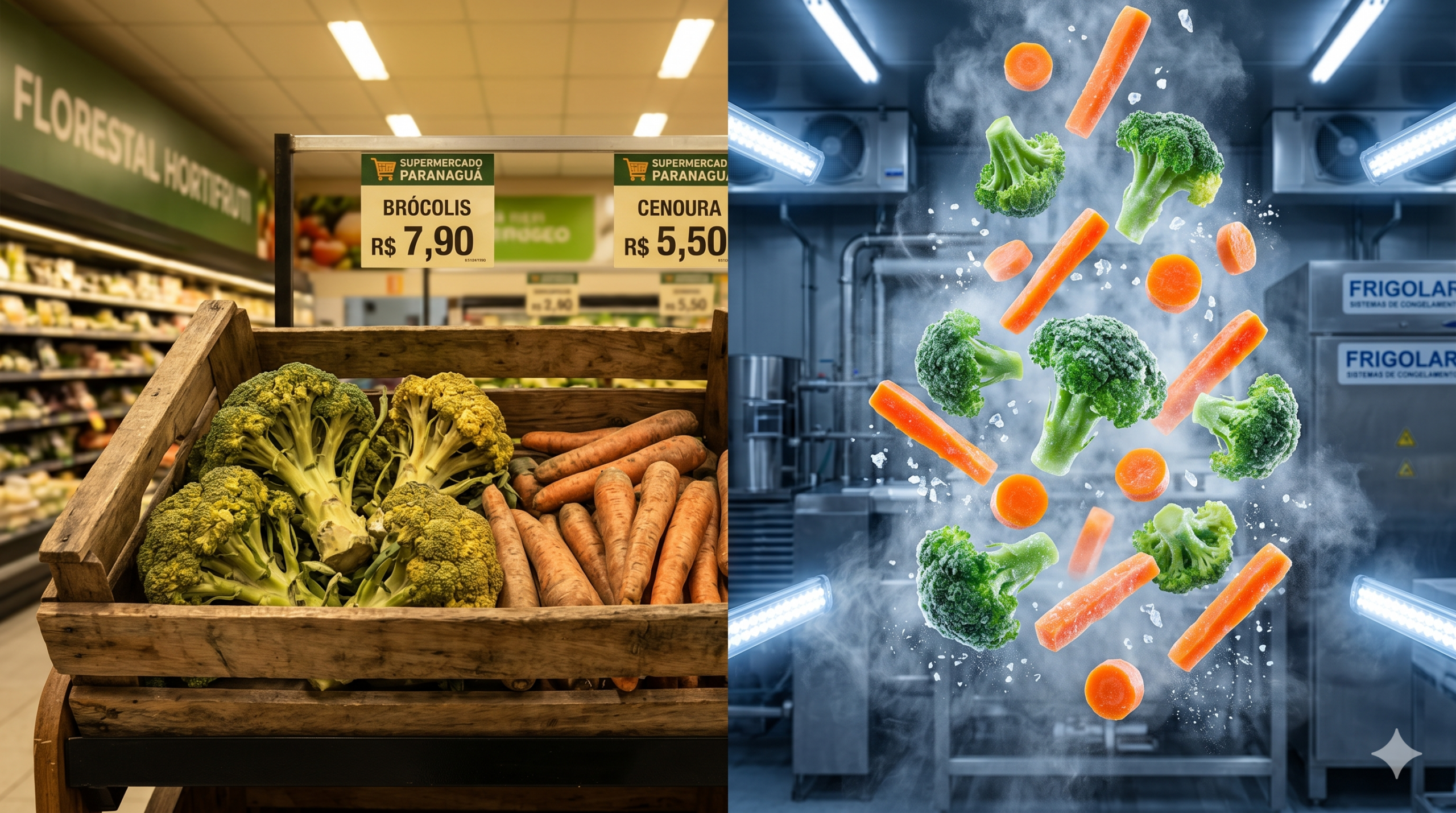 Uma imagem de tela dividida. À esquerda, uma caixa de madeira rústica cheia de brócolis frescos e cenouras inteiras em um supermercado com placas de preço em português. À direita, pedaços de brócolis e cenoura picados caindo através de uma névoa fria e gelo em um ambiente industrial com equipamentos da marca Frigolar.