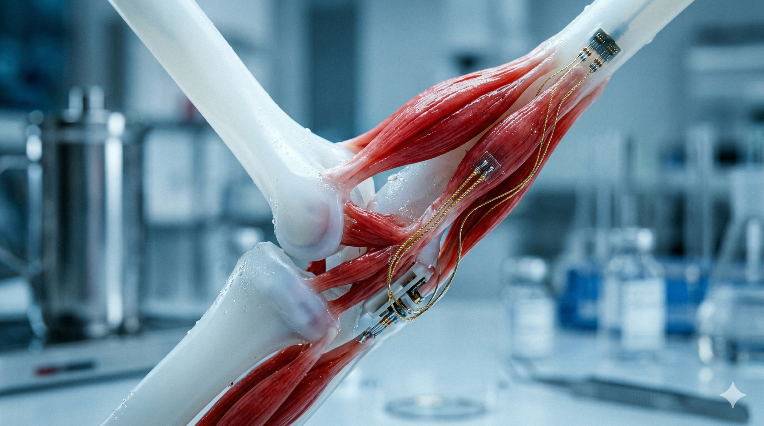 Fotografia em macro close-up de uma articulação robótica bio-híbrida avançada em um laboratório estéril. Ossos de silicone branco translúcido são conectados por fibras musculares orgânicas vermelhas hiper-realistas. Fios dourados finos e de alta tecnologia (eletrodos) estão inseridos no músculo para impulsos elétricos. A luz fria e azulada destaca o contraste entre o sintético e o biológico. Fundo desfocado do laboratório. Proporção 16:9.