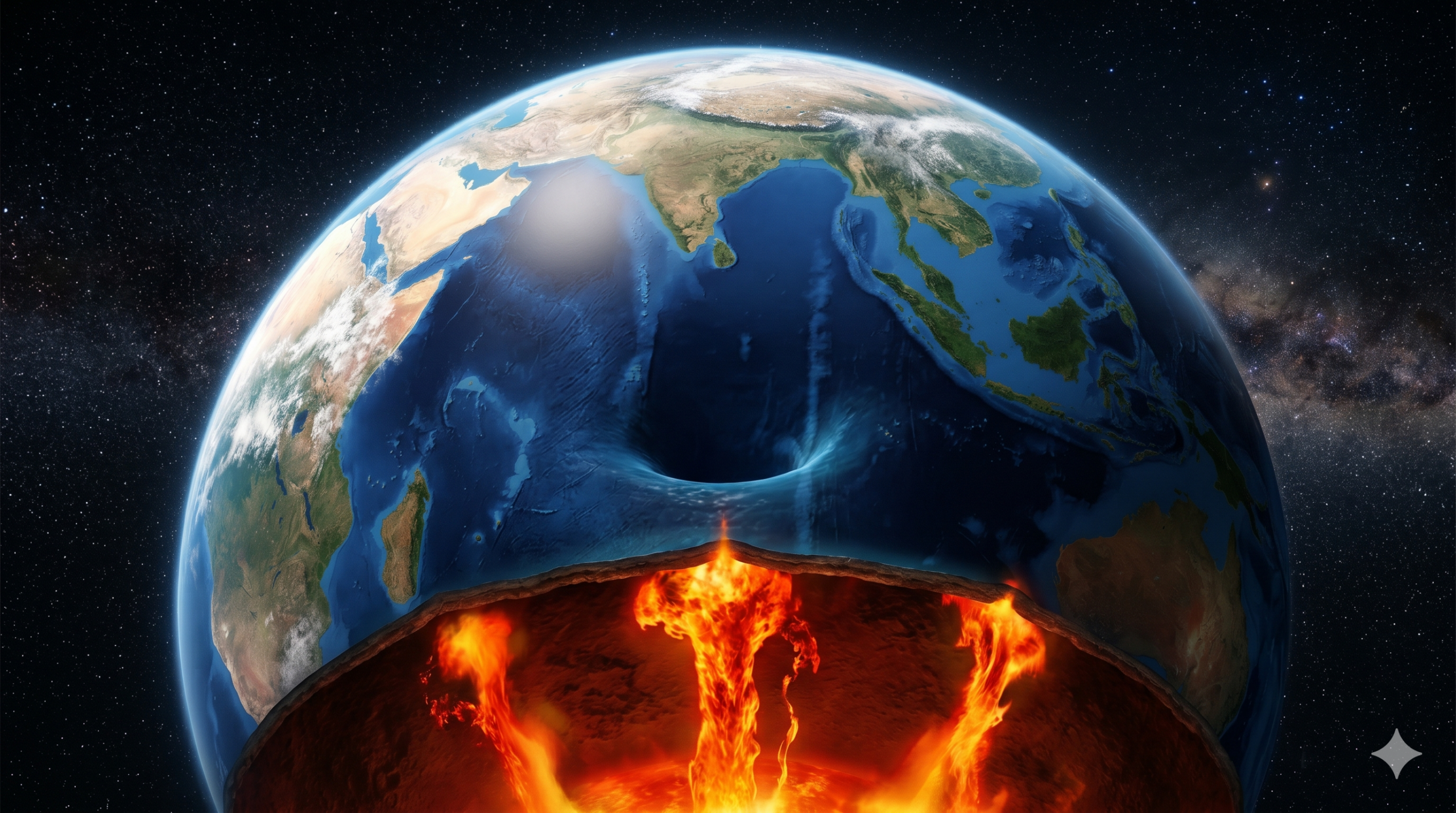 Uma ilustração científica de plano amplo da Terra no espaço, centrada no Oceano Índico. Há uma depressão visível na água do oceano ao sul da Índia, ilustrando uma anomalia gravitacional. A parte inferior do globo é um corte transversal que revela o interior da Terra com plumas de magma laranja e vermelho brilhante subindo do manto, contrastando com o azul do oceano deformado acima.