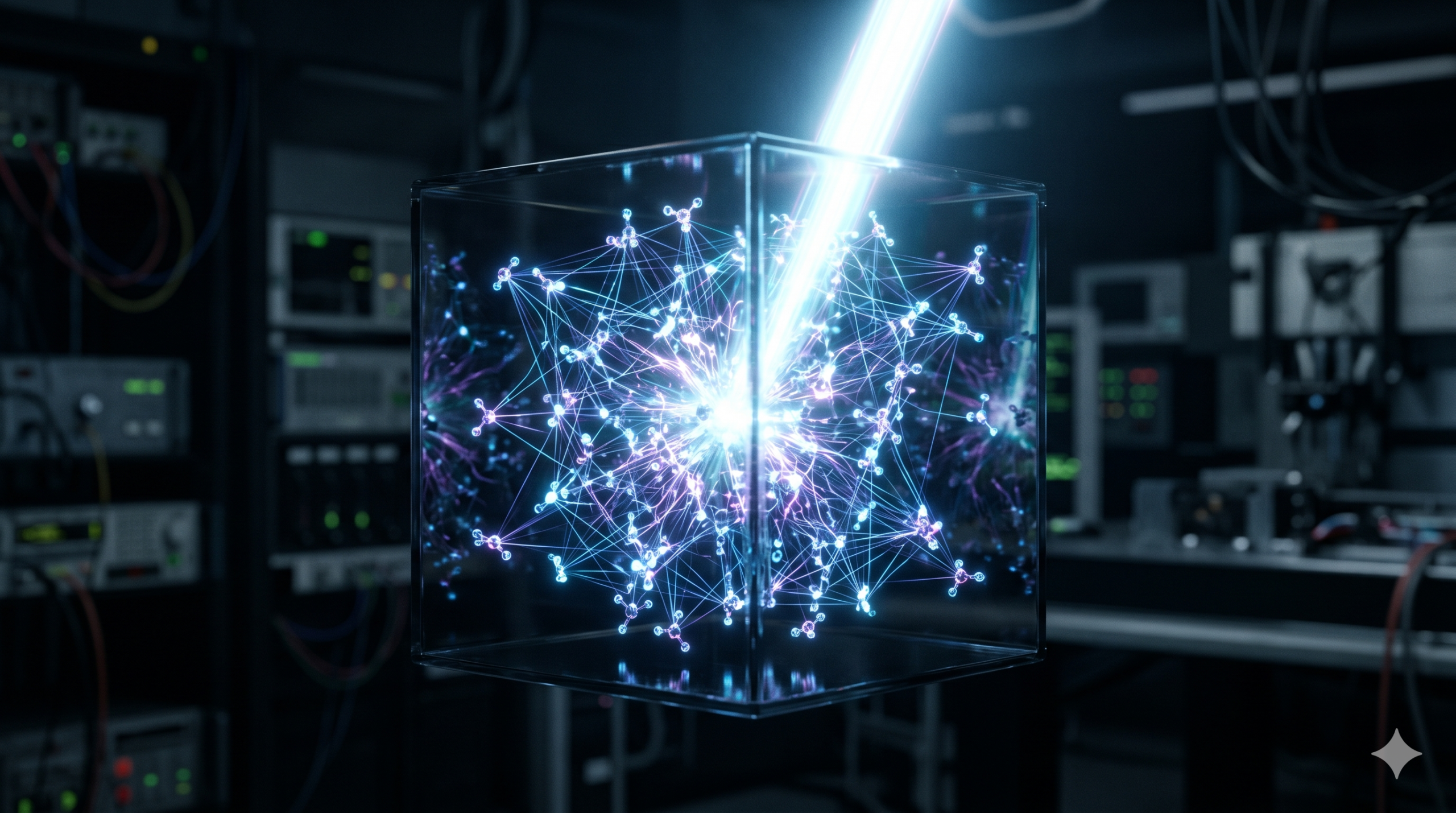 Uma macrofotografia fotorrealista mostrando um cubo de vidro escuro flutuando em um laboratório escuro. Dentro do cubo, uma rede densa de moléculas brilhantes está conectada por filamentos azul-neon e roxos. Um feixe de luz brilhante e intenso de cima atinge o cubo, iluminando todas as moléculas simultaneamente em uma explosão de luz sincronizada. O fundo é um laboratório tecnológico desfocado com equipamentos e cabos.