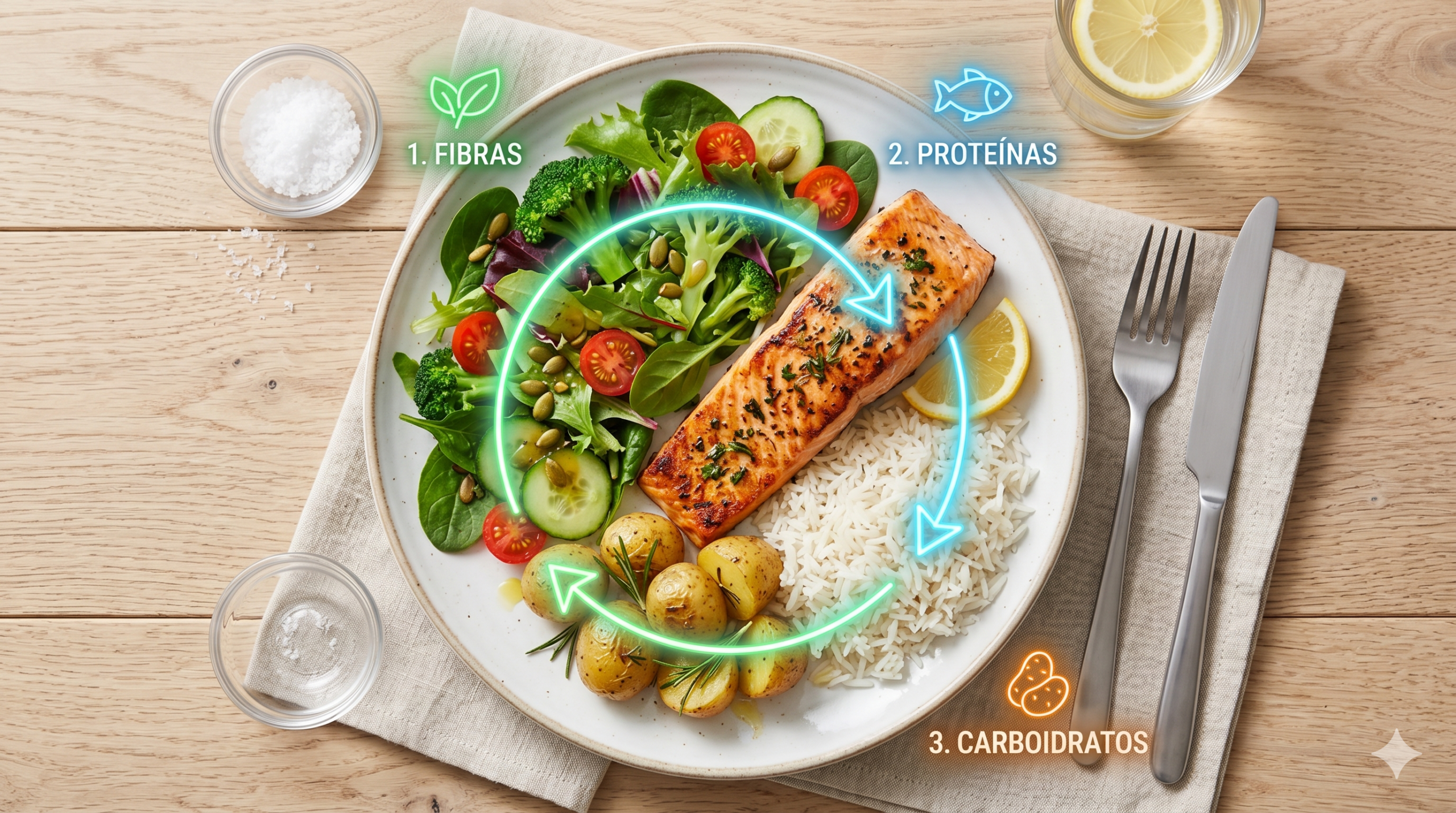 Fotografia vista de cima de um prato equilibrado com salada mista, salmão grelhado, arroz e batatas assadas sobre uma mesa de madeira. Sobreposições neon brilhantes mostram a sequência numérica e textual: 1. Fibras (com ícone de folha verde), 2. Proteínas (com ícone de peixe azul), 3. Carboidratos (com ícone de batata laranja). Uma seta circular de luz azul-clara no centro indica a ordem de consumo. Talheres, sal e um copo de água com limão estão ao lado do prato.