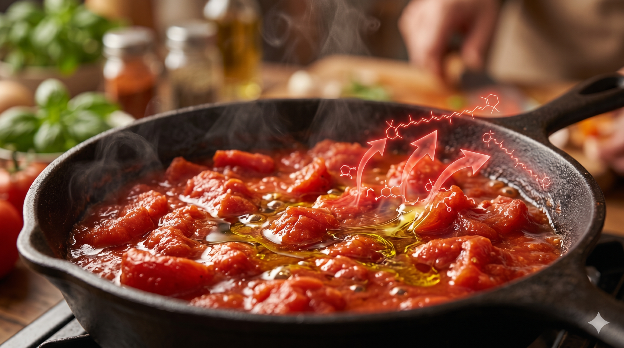Macro fotografia em plano próximo de tomates rústicos picados borbulhando em uma frigideira de ferro fundido escura com vapor. Um fio de azeite dourado se mistura ao molho vermelho intenso. Setas gráficas translúcidas vermelhas e moléculas brilhantes emergem dos tomates e se fundem ao azeite, ilustrando a liberação de licopeno.