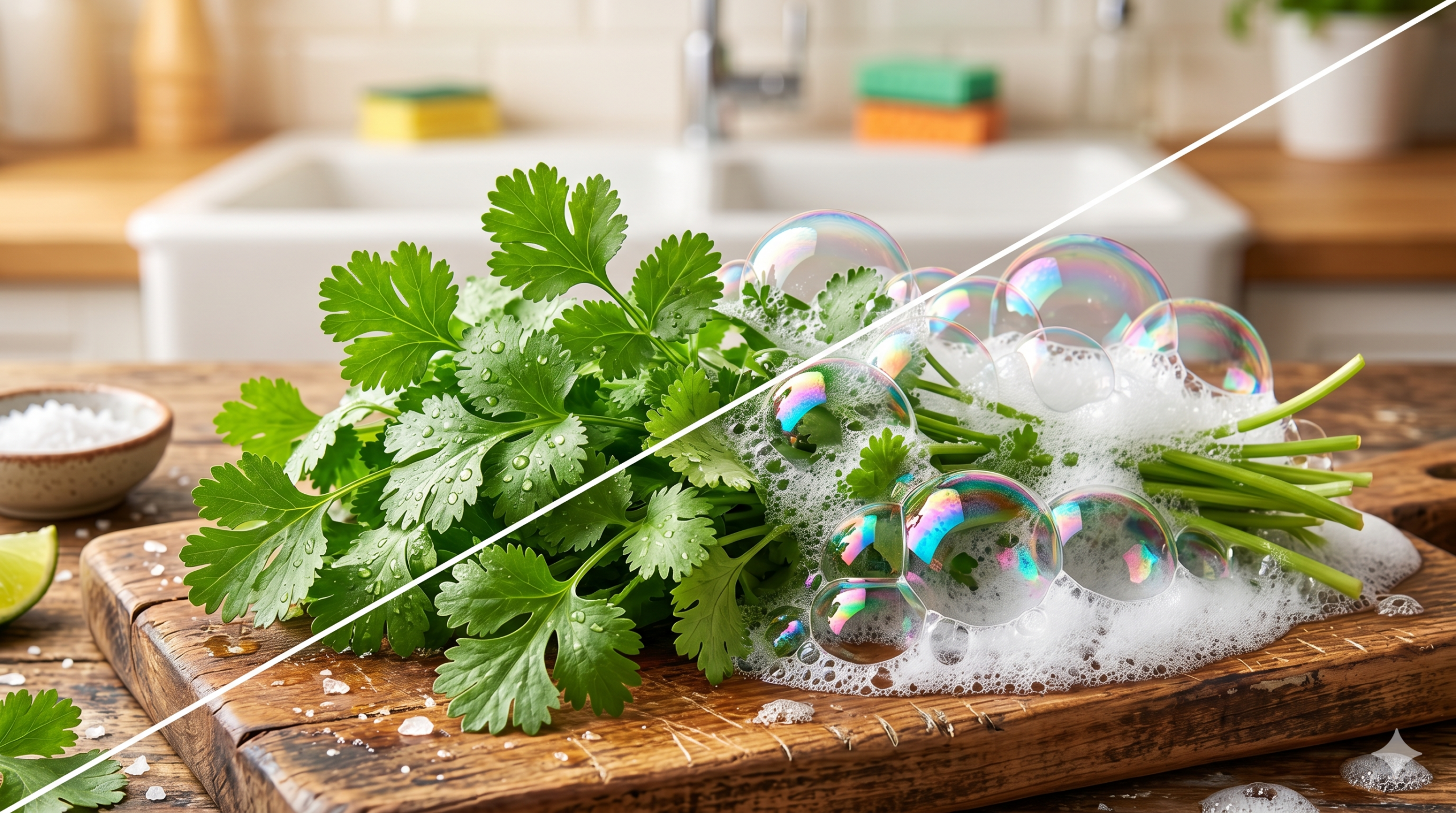 Uma imagem macro fotorrealista de estúdio dividida visualmente. À esquerda, um maço fresco e verde de coentro com gotas d'água sobre uma tábua de madeira rústica. À direita, as folhas e caules do coentro estão se transformando em bolhas de sabão brilhantes e iridescentes e espuma branca de detergente, criando um contraste divertido e conceitual sobre a percepção gustativa.