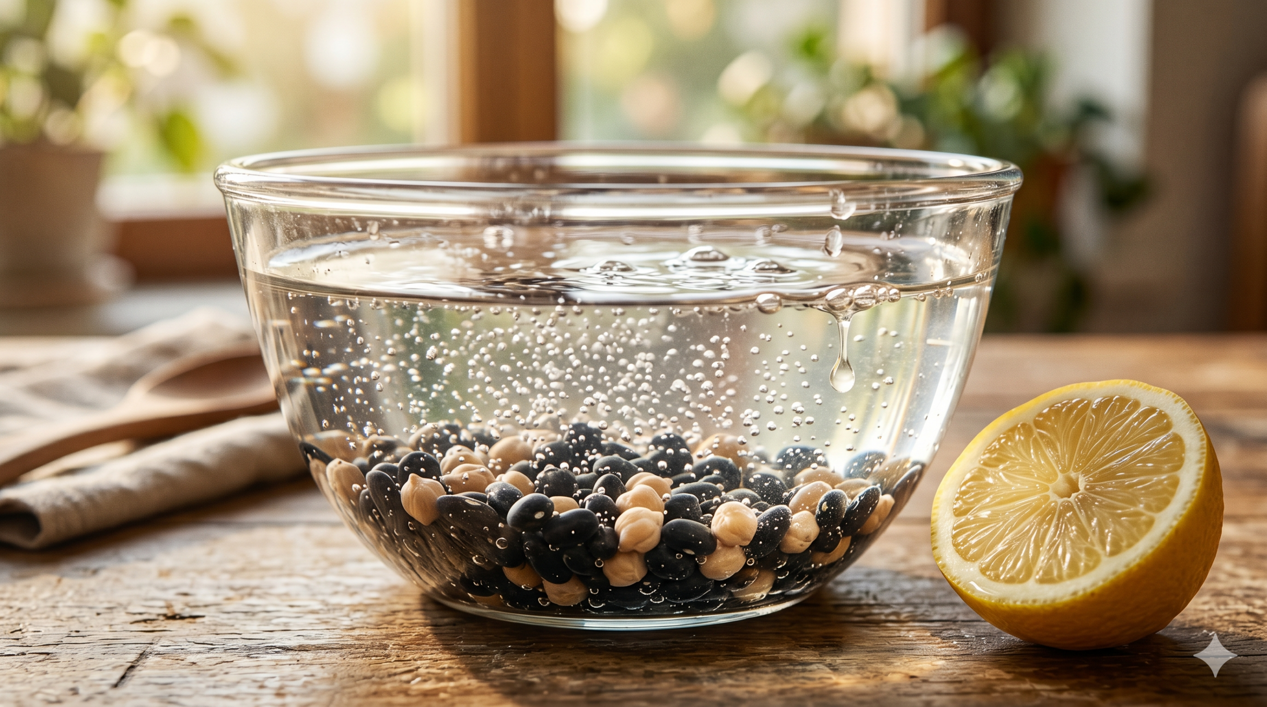 Fotografia macro em primeiro plano de uma tigela de vidro transparente cheia de água limpa e grãos mistos (feijão preto e grão-de-bico). Inúmeras bolhas sobem dos grãos até a superfície. Ao lado da tigela, meio limão siciliano cortado. Uma gota de suco cai na água. Fundo de cozinha iluminado por luz solar natural.
