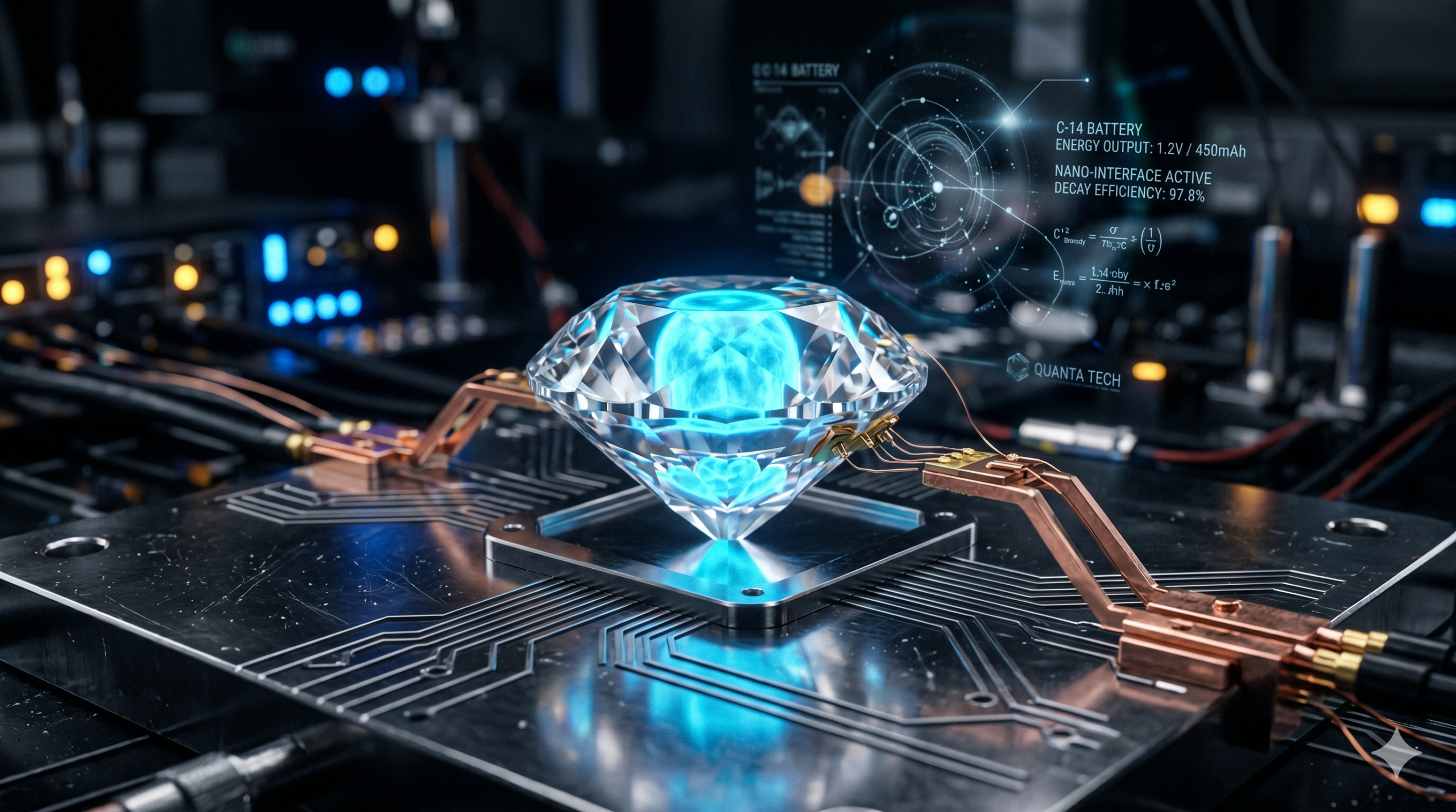 Close-up fotorrealista de um diamante lapidado brilhante sobre um circuito de metal escuro. Um núcleo azul-neon pulsante é visível dentro do diamante. Vários conectores de cobre delicados tocam a base do diamante. Uma interface holográfica flutua acima, mostrando texto como "C-14 BATTERY," "ENERGY OUTPUT: 1.2V / 450mAh," e equações quânticas, com luzes de laboratório desfocadas ao fundo.