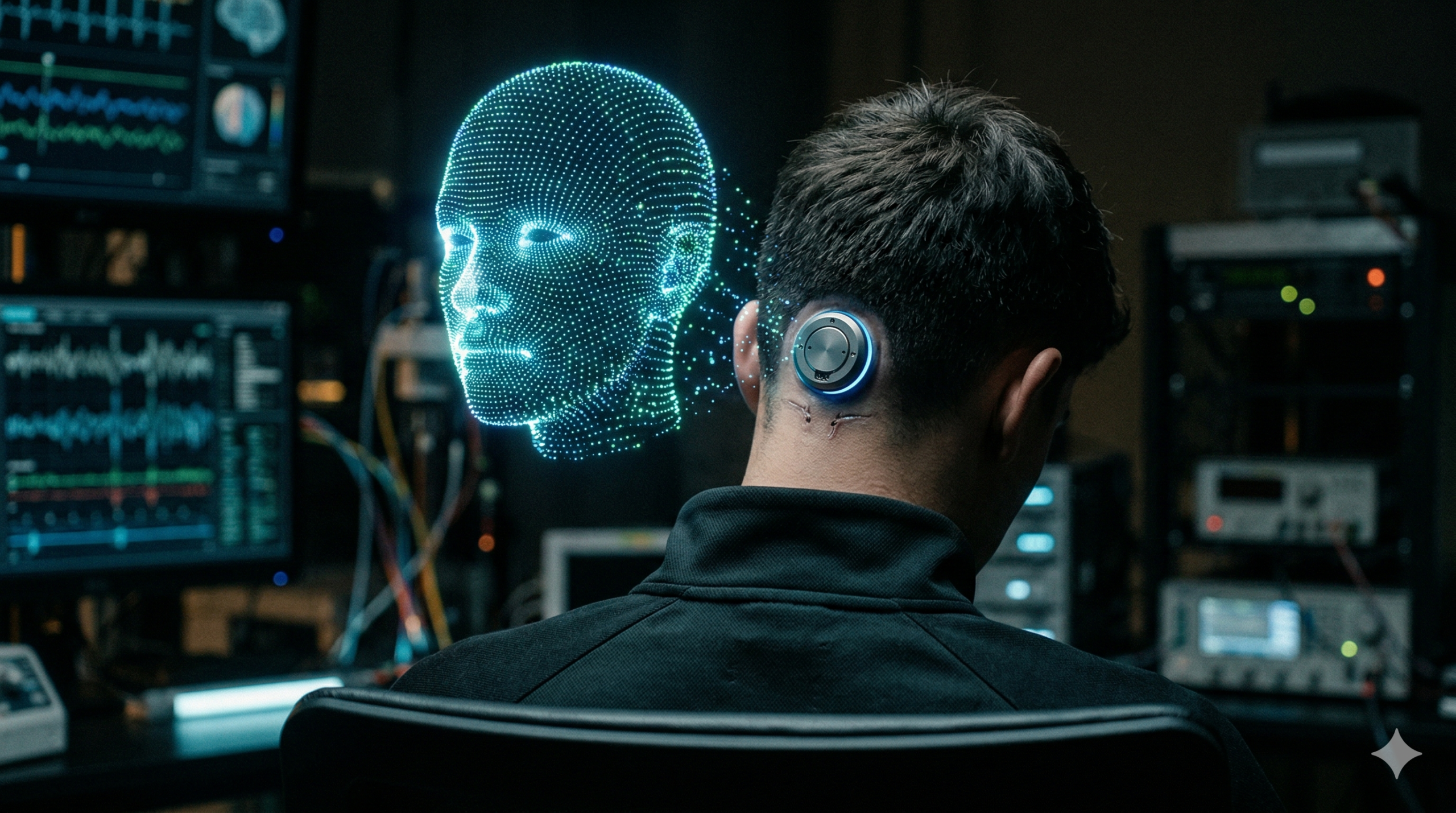 Uma fotografia fotorrealista de plano médio mostrando a parte de trás da cabeça e pescoço de um homem. Na nuca, um implante neural circular metálico fosco com pequenas luzes de LED azuladas está embutido sob a pele, com cicatrizes frescas e discretas. Atrás da cabeça, uma complexa grade de pontos de luz holográficos azuis e verdes forma o rosto tridimensional de uma pessoa ou uma maçã flutuando no ar. O fundo é um laboratório neurotecnológico escuro com monitores desfocados e equipamentos de teste com luzes técnicas fracas. A iluminação é escura, focada no chip e na projeção.