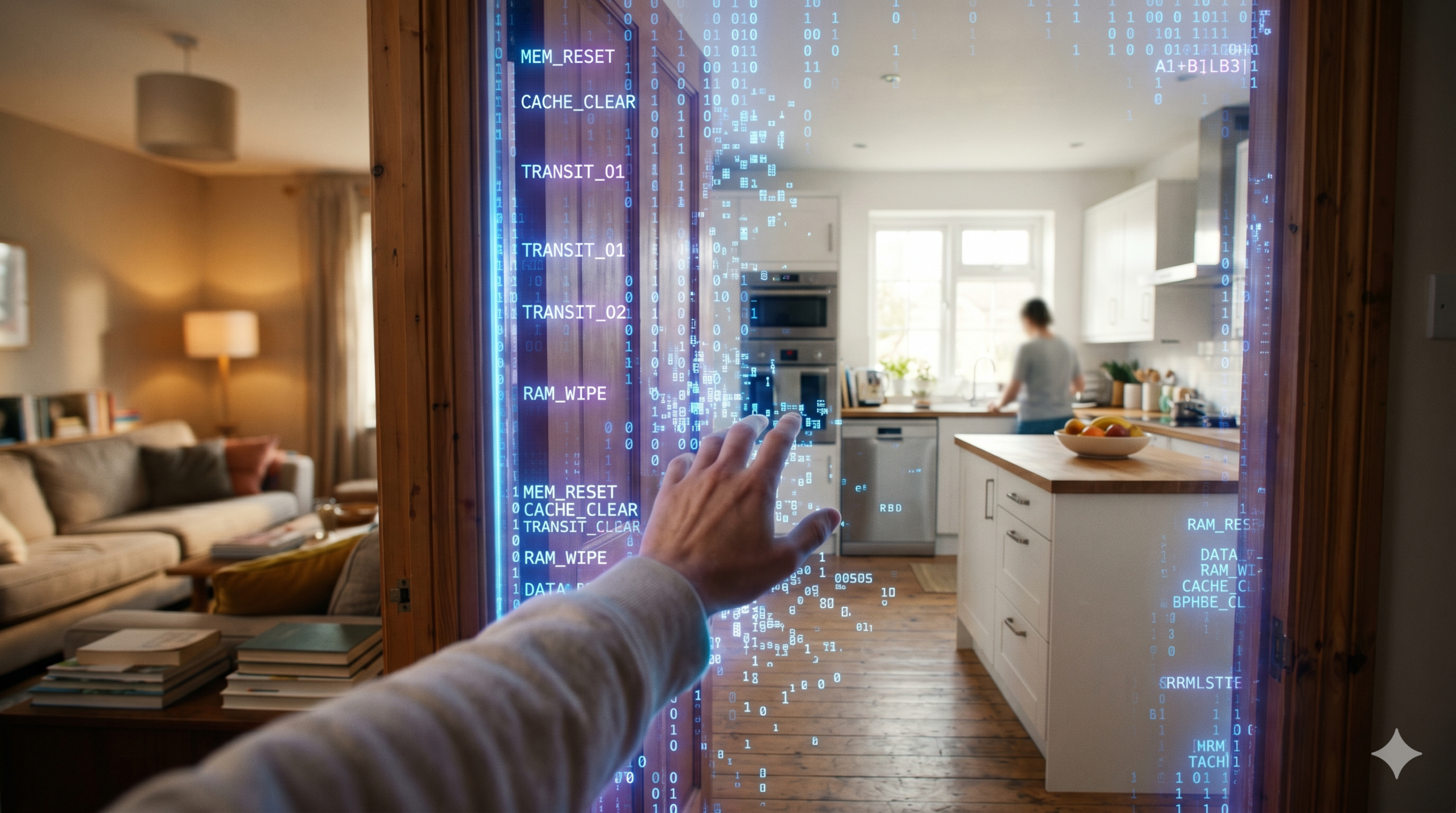 Perspectiva de primeira pessoa de uma mão alcançando através de uma porta de madeira em direção a uma cozinha moderna. Uma interface digital holográfica transparente e brilhante está sobreposta à abertura da porta, exibindo texto azul neon como RAM_WIPE e MEM_RESET, e linhas de código binário. Uma cozinha brilhante com uma pessoa desfocada é visível através da porta.
