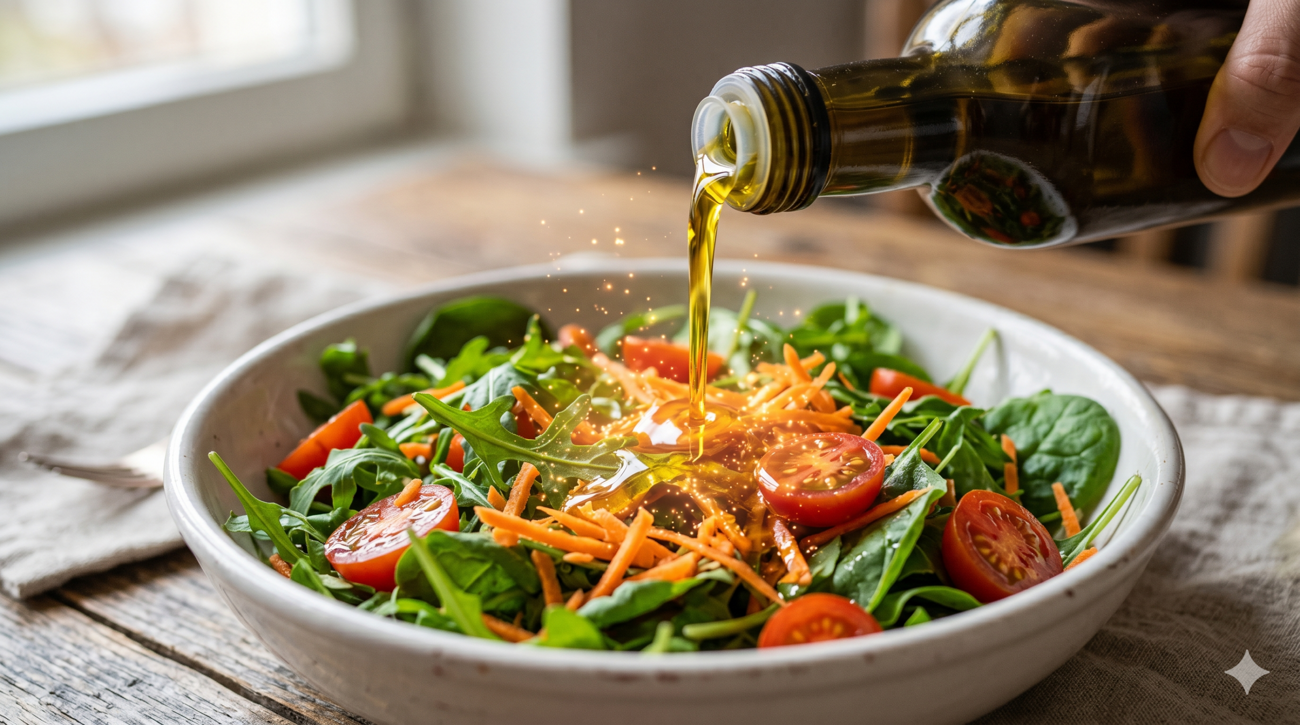 Fotografia em close-up de um fio de azeite dourado sendo despejado de uma garrafa escura sobre uma salada de folhas verdes, tomates-cereja e cenoura ralada. No exato ponto onde o azeite toca os vegetais, há um efeito visual de pequenas partículas luminosas e brilhantes na cor âmbar flutuando, ilustrando uma reação de ativação de nutrientes.