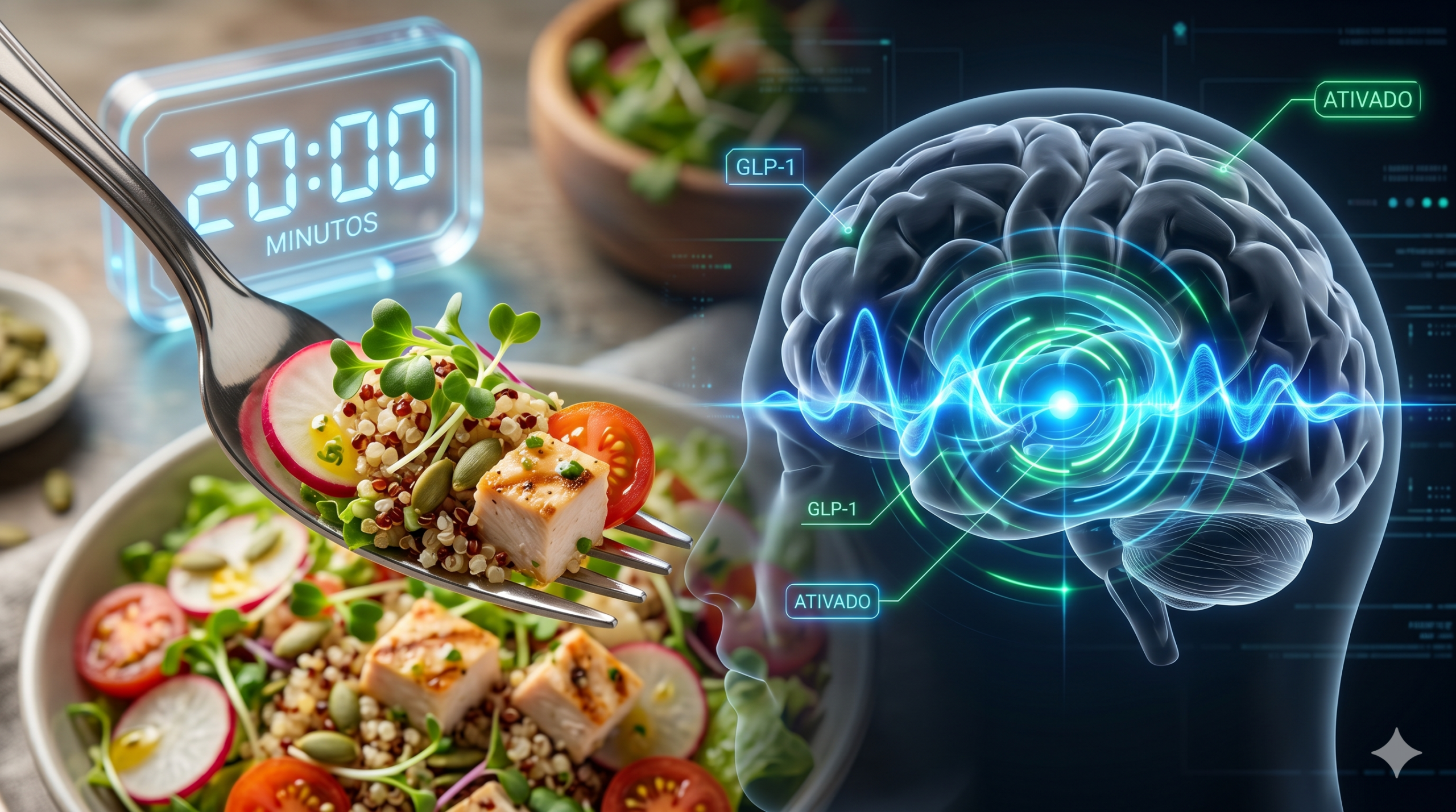 Uma macro fotografia fotorealista de contraste dividida visualmente. À esquerda, um garfo segura um bocado de salada de quinoa e proteína com microgreens. No fundo, um cronômetro azul-neon marca '20:00 MINUTOS' e está rotulado 'ATIVADO'. À direita, a silhueta translúcida de um cérebro humano com ondas de energia azul e verde-neon brilhando e irradiando do centro. Pequenos rótulos neon 'GLP-1' e 'ATIVADO' apontam para as áreas de energia, simbolizando a ativação do hormônio da saciedade (GLP-1). O garfo com a comida está em primeiro plano, conectando a refeição saudável à resposta cerebral.