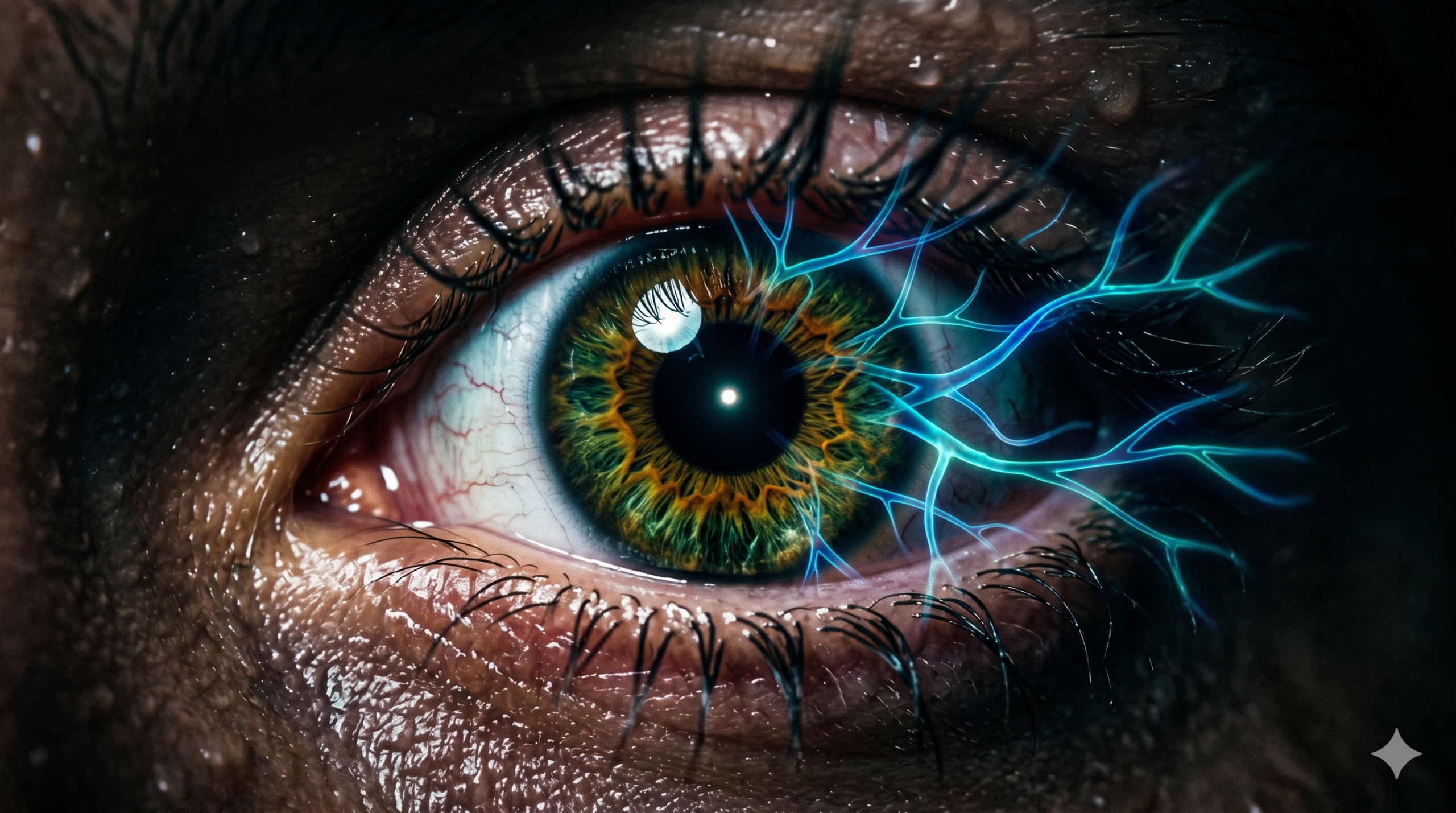 Fotografia em close-up extremo de um olho humano com íris texturizada em verde e âmbar. A pupila está dilatada e reflete um ponto de luz brilhante. A partir do olho, ramificações luminosas em azul-neon se estendem em direção a um fundo escuro, simulando conexões neurais. O entorno do olho está em sombras profundas.