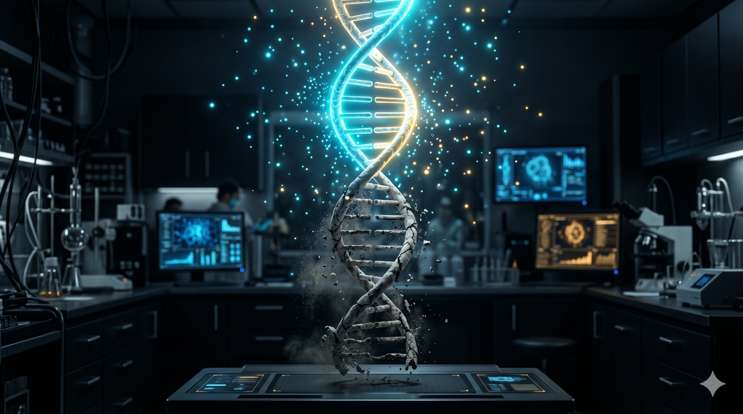 Fotografia de uma fita de DNA levitando em um laboratório escuro. A metade inferior do DNA está cinza, rachada e desmoronando. A metade superior brilha intensamente em cores neon azul e dourado, com partículas de luz flutuando ao redor, parecendo nova e tecnológica. Ao fundo, telas e equipamentos de laboratório desfocados.