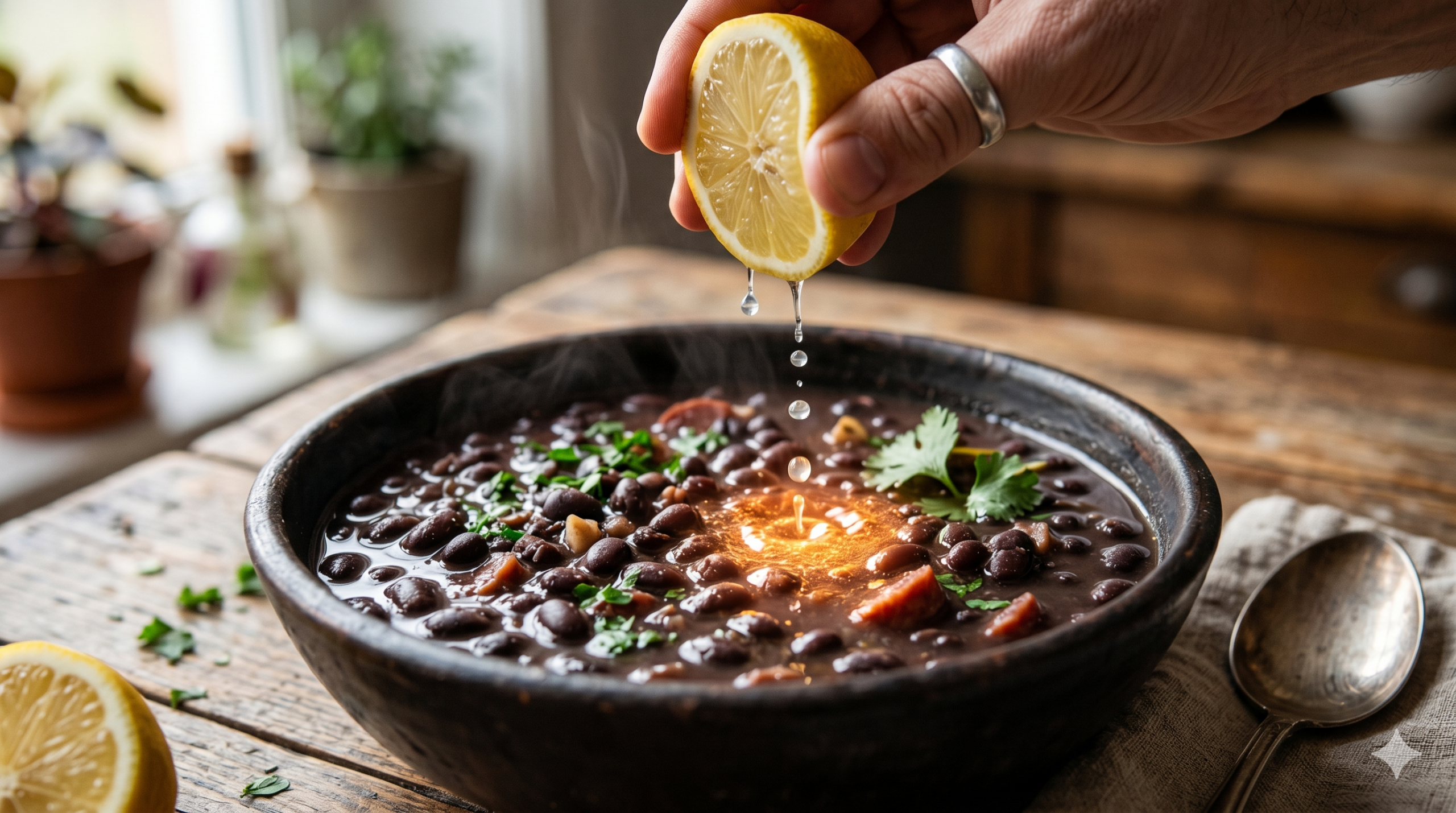 Fotografia em close-up de uma mão espremendo meio limão siciliano sobre uma cumbuca rústica de feijão preto fumegante. No exato local onde a gota de suco de limão toca o caldo, surge um brilho luminoso e radiante em tom laranja-dourado, ilustrando a ativação química do ferro. O ambiente ao redor é de uma cozinha rústica sobre uma mesa de madeira.