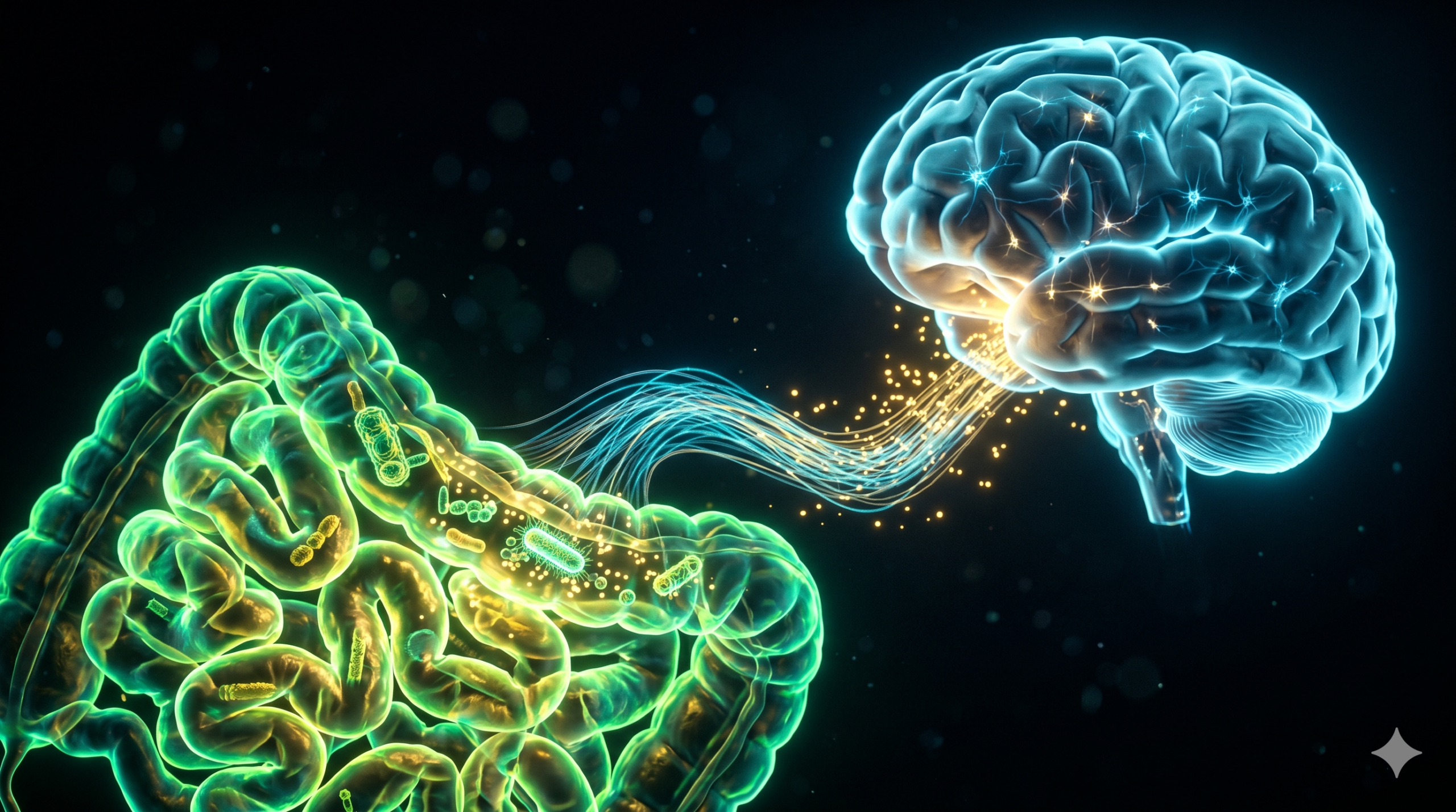 Imagem conceitual sobre um fundo escuro mostrando um intestino humano brilhando em verde-neon e dourado, conectado a um cérebro brilhando em azul por um cabo luminoso pulsante. Dentro do intestino, pequenas formas geométricas liberam partículas de luz dourada que sobem pelo cabo em direção ao cérebro, representando a comunicação nervosa e a produção de serotonina.