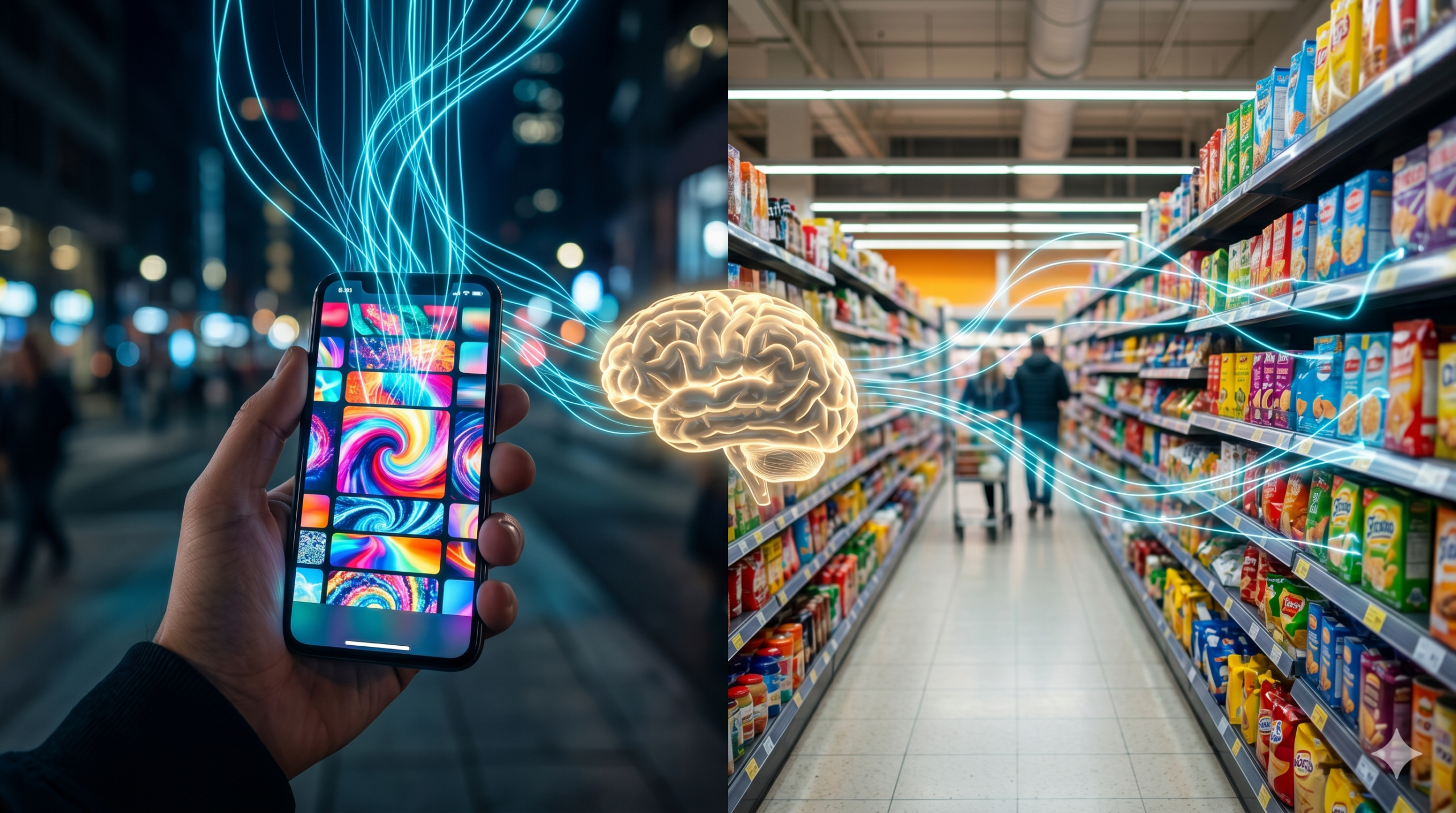 Imagem dividida em duas partes. À esquerda, uma mão segura um celular exibindo imagens coloridas e abstratas. À direita, um corredor de supermercado cheio de produtos brilhantes. Linhas de luz azul-neon saem da tela do celular e dos produtos do mercado, conectando-se a um cérebro humano translúcido e dourado que flutua no centro da imagem.