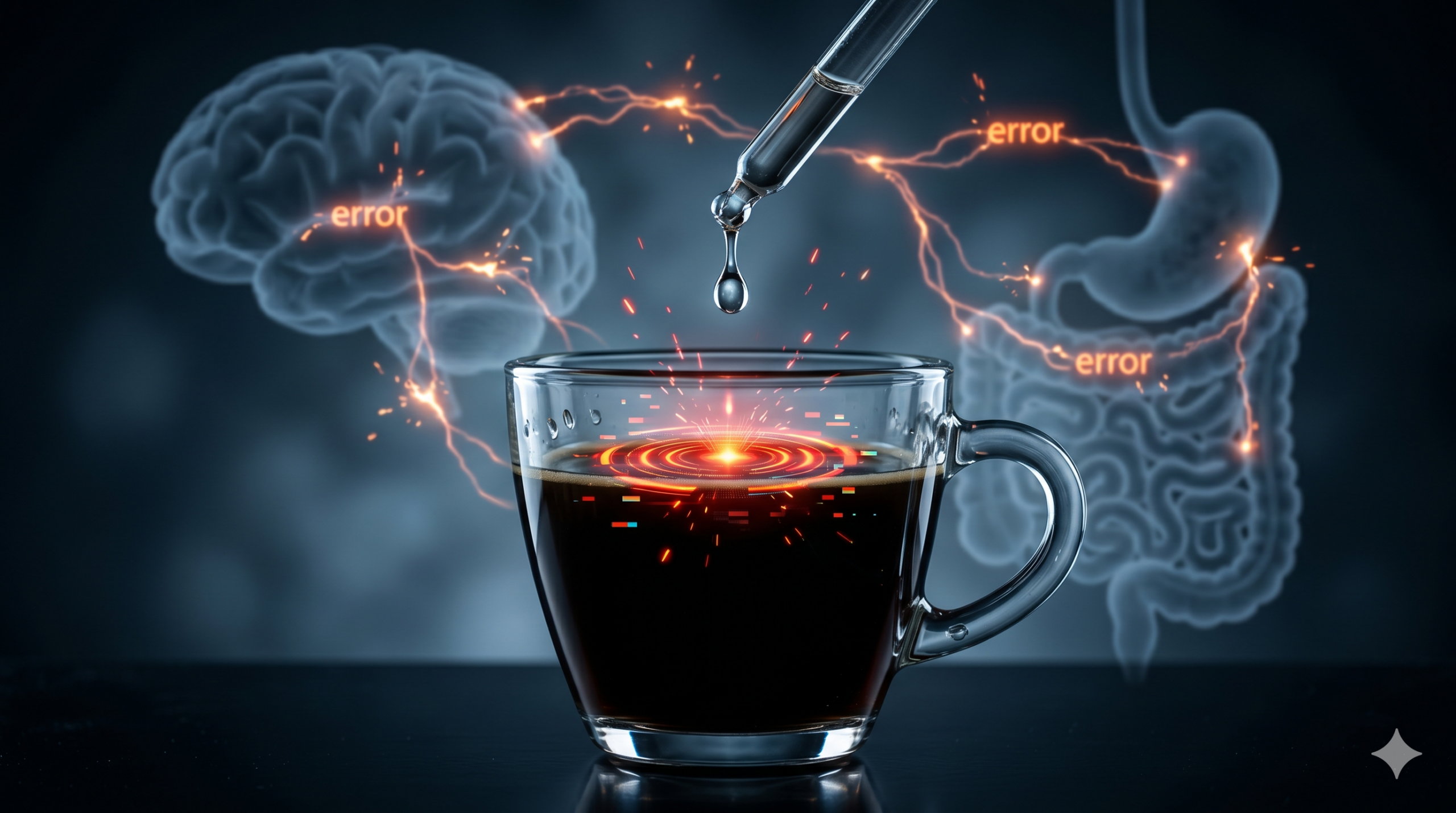 Uma fotografia macro conceitual fotorrealista de alto contraste mostrando um conta-gotas de adoçante liquido liberando uma gota em uma xícara de café preto. No impacto, uma explosão de ondas de choque vermelhas e laranjas e faíscas digitais simula um alerta. No fundo desfocado, silhuetas translúcidas do cérebro e do estômago estão interligadas por fios neurais falhando que brilham com mensagens de 'error' e faíscas em laranja.