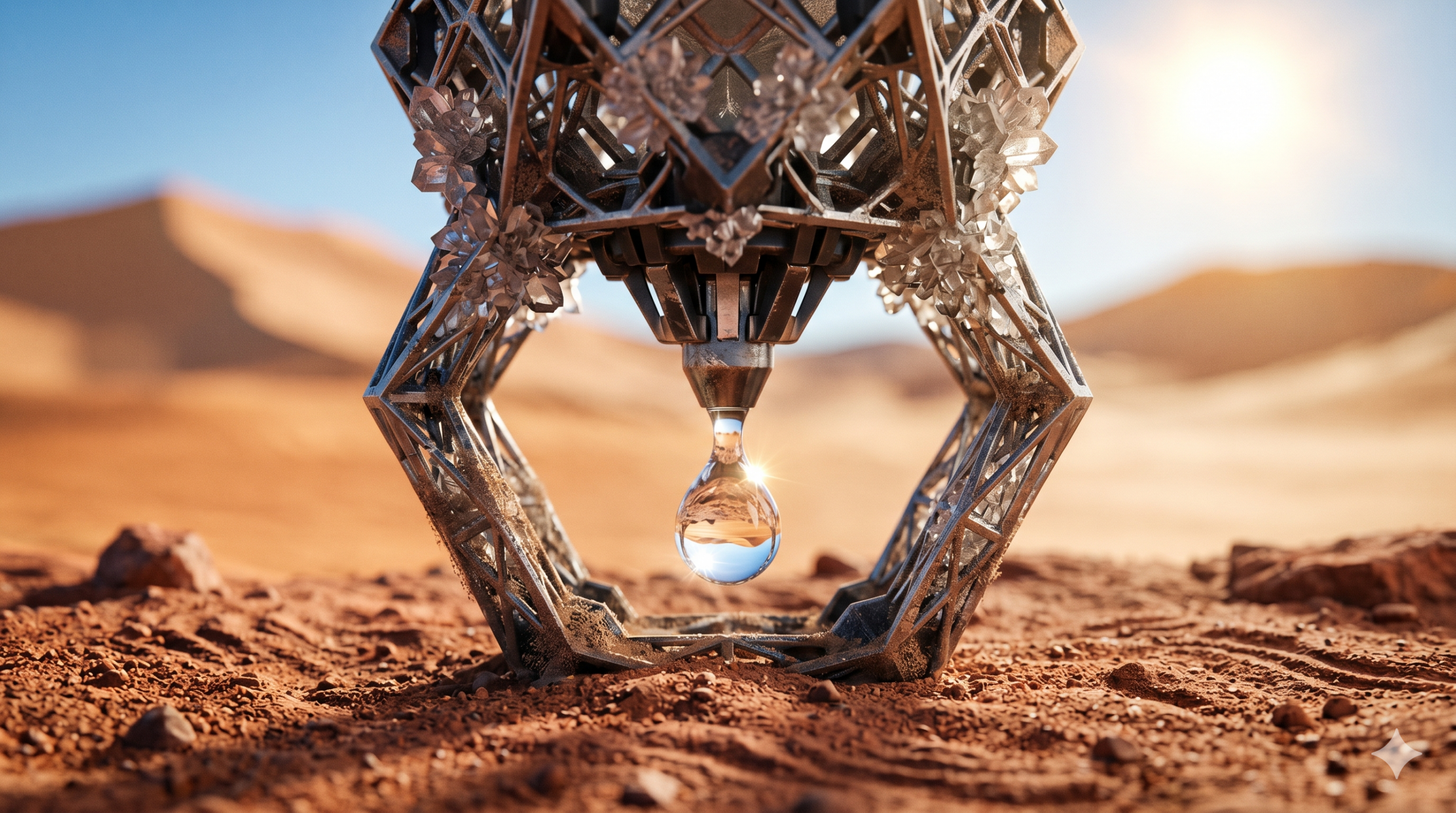 Fotografia em close-up de uma estrutura metálica e cristalina de formato futurista apoiada na areia vermelha de um deserto. Do centro dessa máquina, forma-se uma única gota de água perfeitamente transparente, que reflete a luz do sol brilhante. O fundo mostra dunas de areia iluminadas e desfocadas.