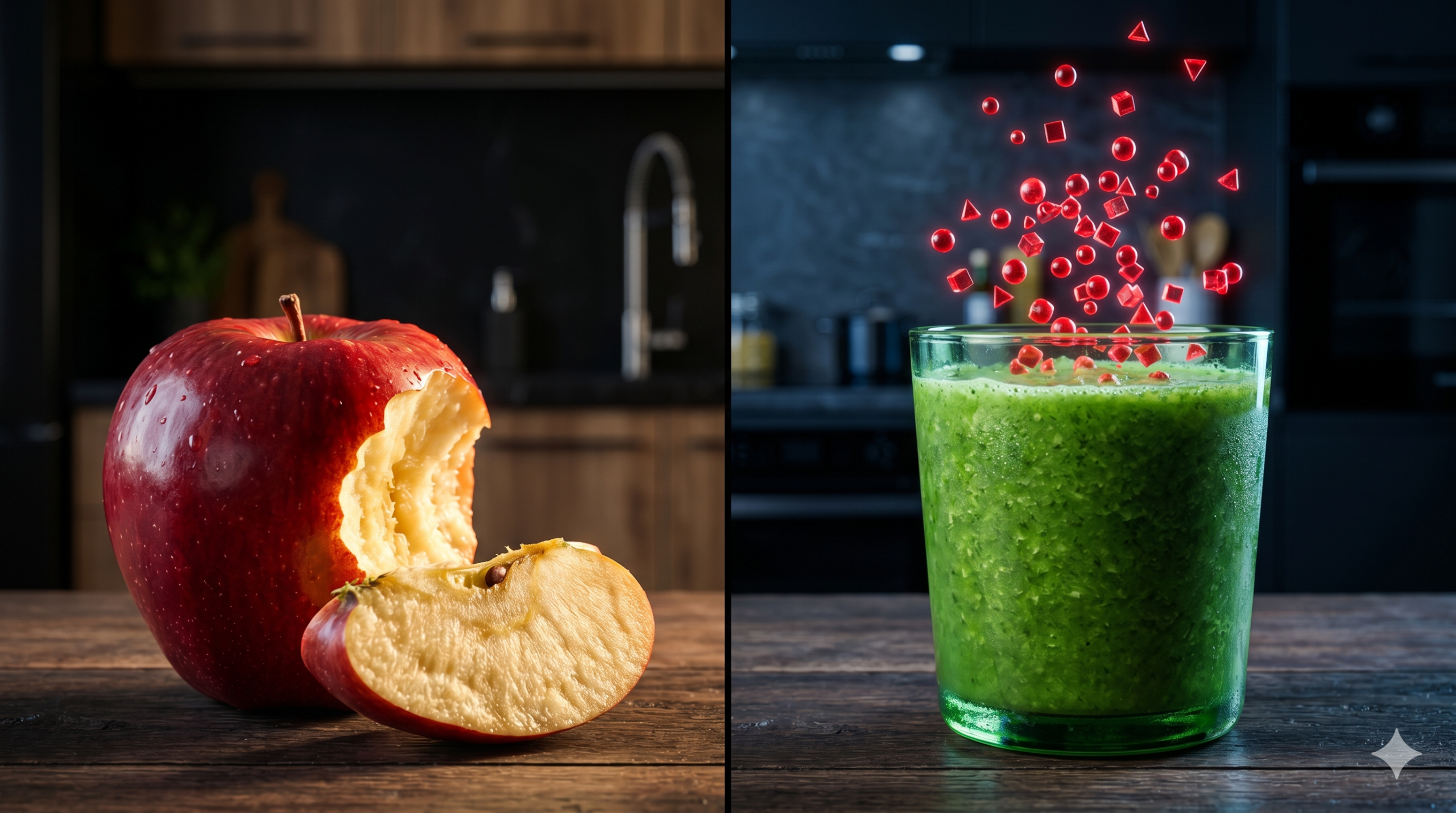 Imagem dividida ao meio em uma cozinha escura. À esquerda, uma maçã vermelha inteira e com uma mordida sobre uma mesa de madeira sob luz quente. À direita, sob luz fria, um copo de suco verde do qual flutuam pequenos ícones geométricos vermelhos e brilhantes, representando moléculas de açúcar livre sendo liberadas no ar.