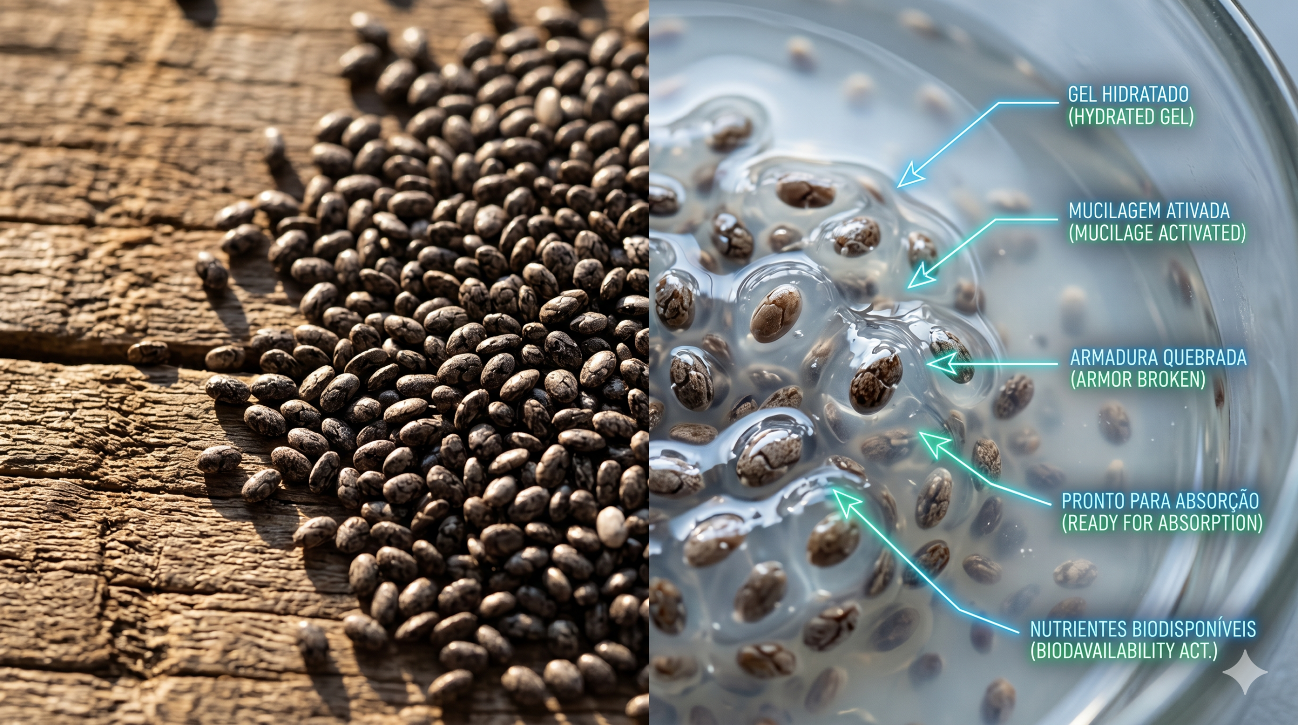 Uma imagem macro educativa dividida verticalmente. O lado esquerdo mostra sementes de chia secas sobre madeira áspera sob luz quente. O lado direito exibe sementes de chia em um gel translúcido brilhante sob luz suave. Setas e texto neon azul e verde em estilo biohacking apontam para o gel, em português e inglês: "GEL HIDRATADO (HYDRATED GEL)", "ARMADURA QUEBRADA (ARMOR BROKEN)", "NUTRIENTES BIODISPONÍVEIS (BIODAVAILABILITY ACT.)."