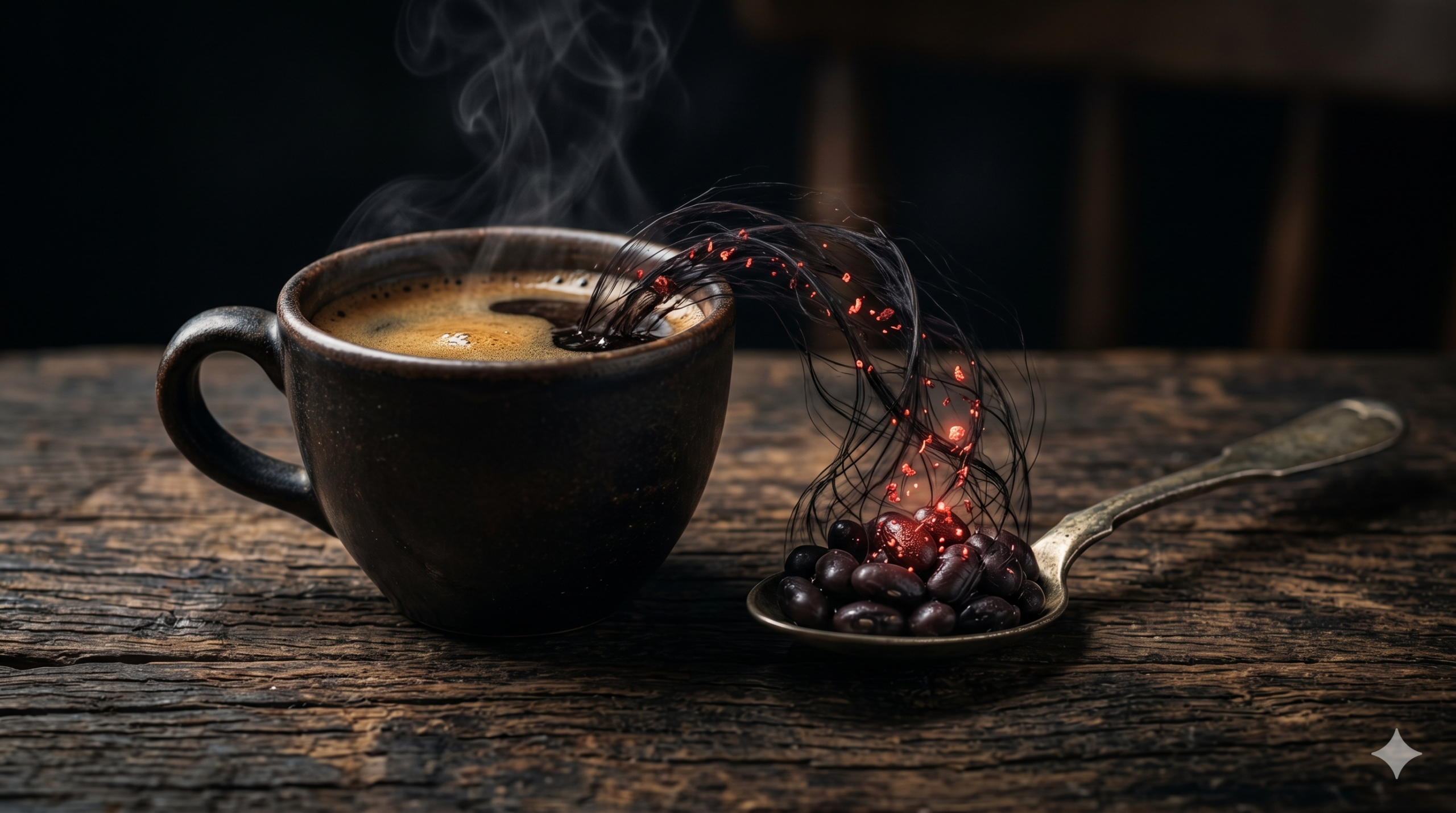 Fotografia em macro de uma xícara de café fumegante ao lado de uma colher com feijões escuros sobre uma mesa de madeira. Fios escuros em formato de teia saem do café e envolvem os feijões, capturando partículas brilhantes vermelho-ferrugem, ilustrando o bloqueio do ferro.