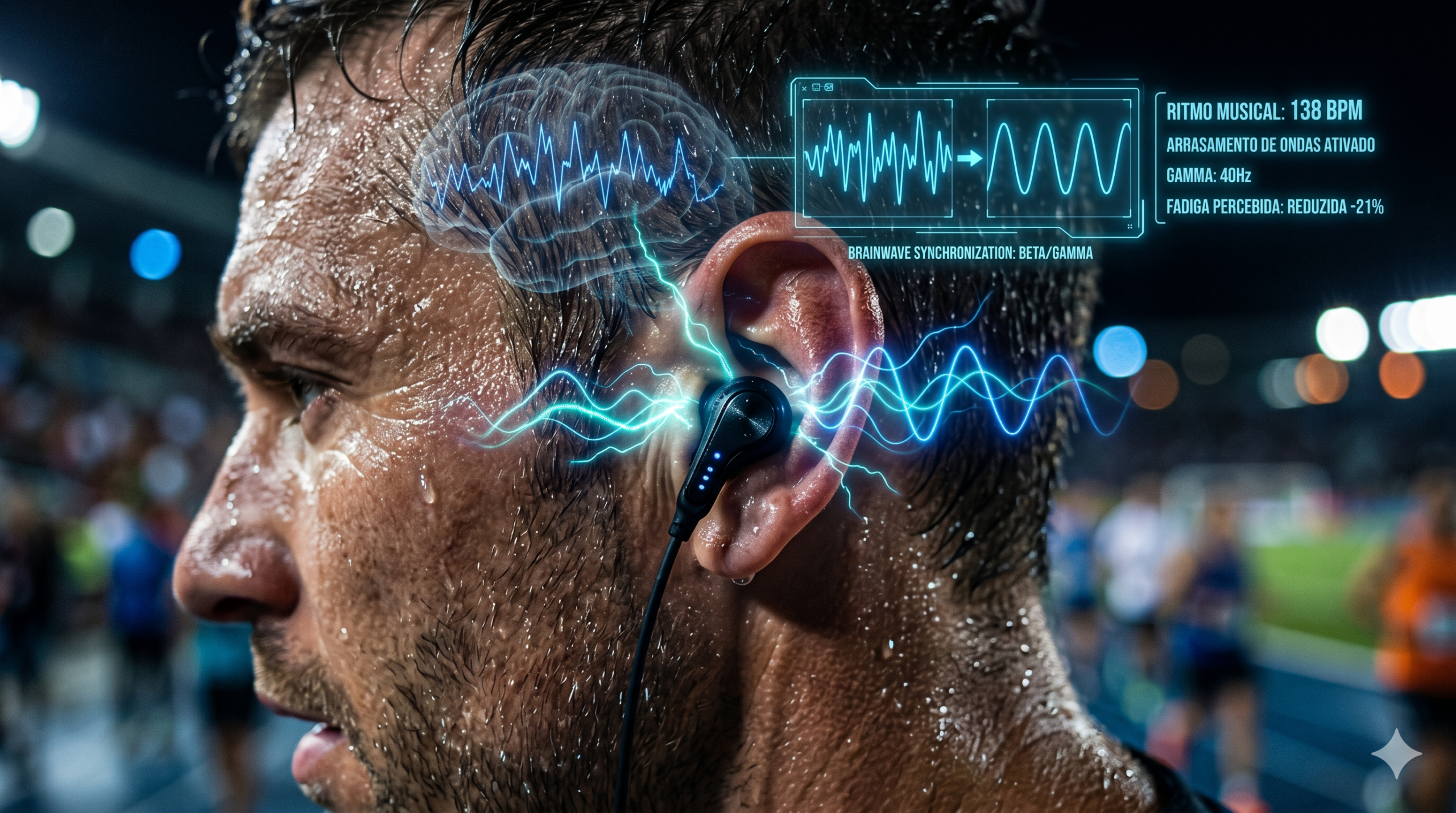 Fotografia em close-up lateral de um atleta suado e concentrado usando fones de ouvido. Ondas sonoras brilhantes em azul-neon e roxo saem dos fones e se conectam a um holograma brilhante de um cérebro, ilustrando a sincronização da música com as ondas cerebrais. O fundo é completamente escuro, destacando os hologramas.