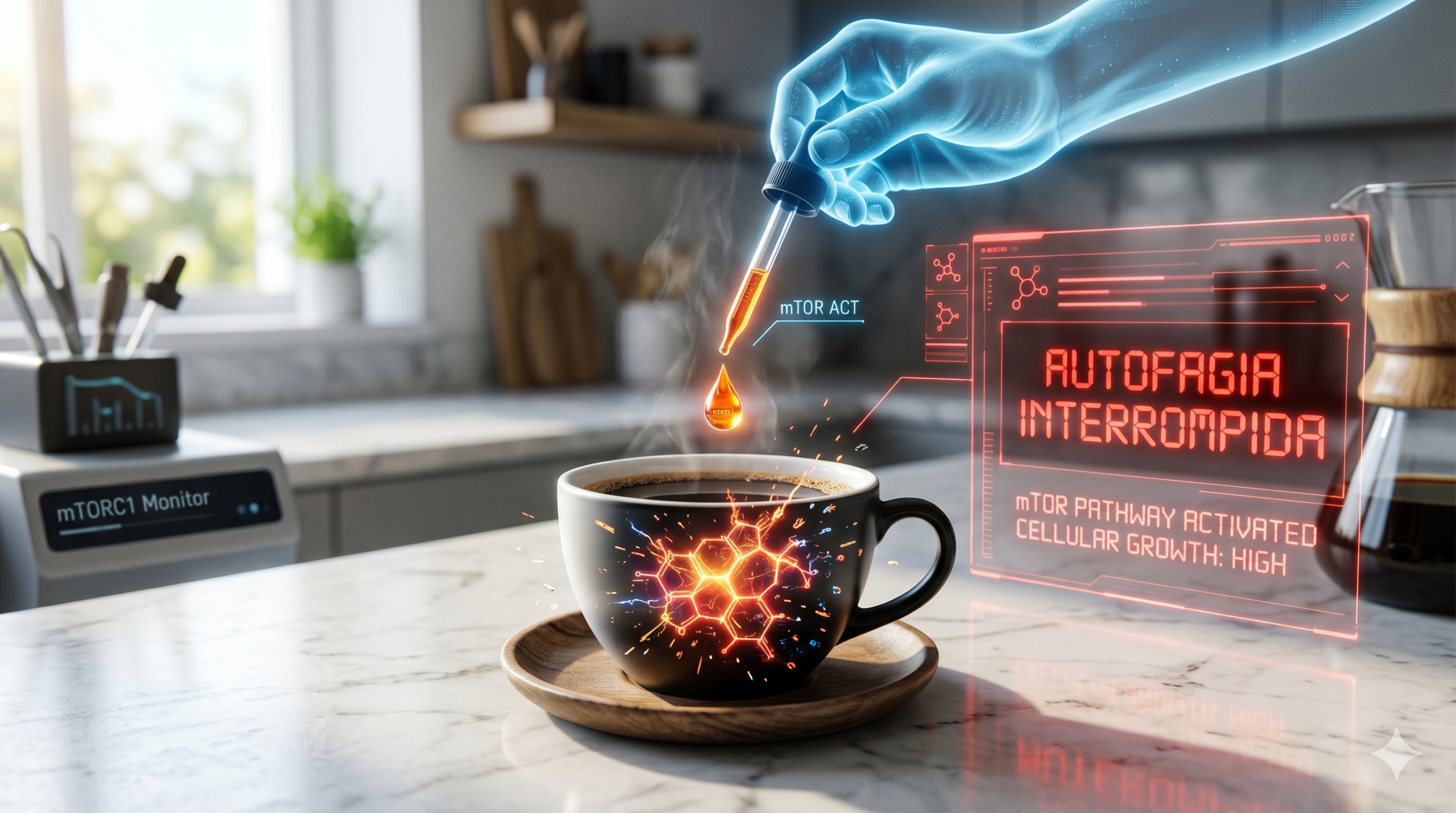 Fotografia de uma xícara de café sobre uma bancada de cozinha iluminada pela manhã. Uma mão holográfica azulada usa um conta-gotas para pingar um líquido brilhante no café. Dentro da xícara, surge uma estrutura molecular neon em tons de laranja e vermelho. Ao lado, um painel digital holográfico vermelho exibe a frase 'AUTOFAGIA INTERROMPIDA'.