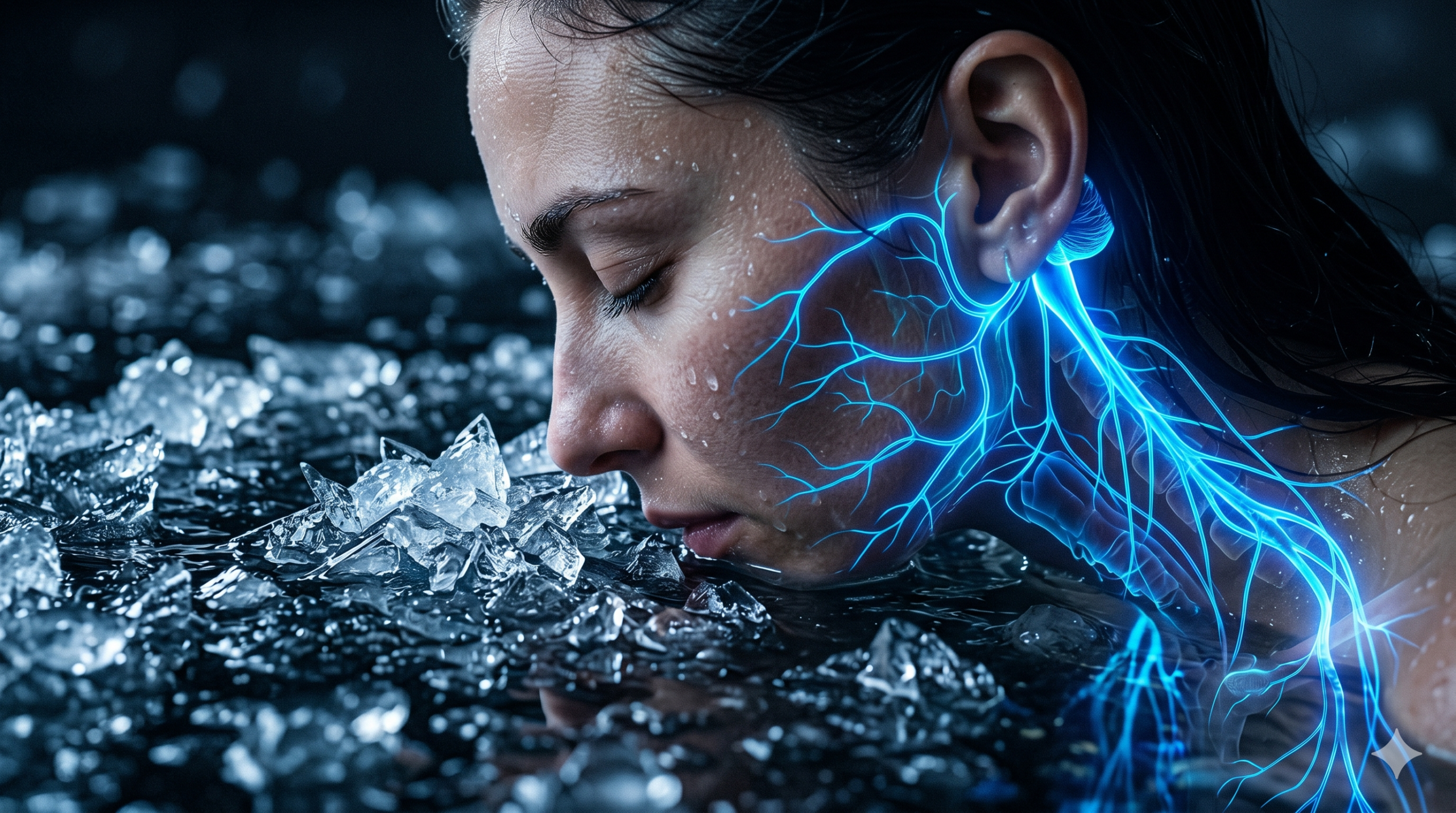 Fotografia em close extremo no nível da água. O rosto de uma pessoa de olhos fechados e expressão serena está mergulhado em uma tigela de vidro com água gelada e cubos de gelo. A iluminação do ambiente tem tons frios de azul e ciano, com pequenas gotas de água respingando no ar.