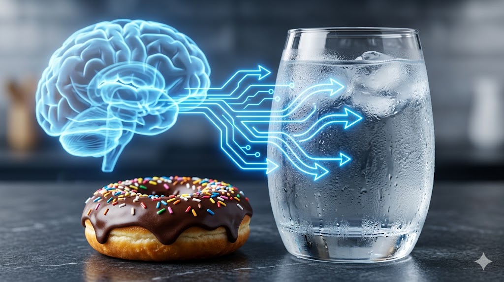 Fotografia em close-up de um copo de água muito gelada e suada ao lado de um donut de chocolate com granulados coloridos. Setas holográficas azuis e brilhantes conectam a imagem translúcida de um cérebro no fundo diretamente ao copo de água, ilustrando a escolha pela hidratação no lugar do doce.