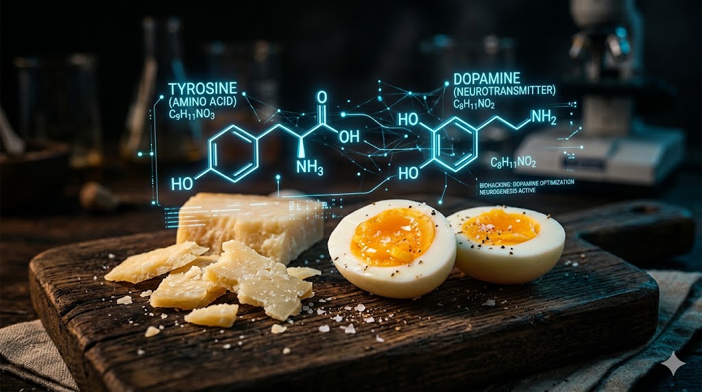 Fotografia em close-up de uma tábua de madeira rústica com pedaços de queijo parmesão curado e ovos cozidos cortados ao meio. Acima dos alimentos, flutuam gráficos e painéis holográficos em azul-neon brilhante mostrando as fórmulas químicas e as estruturas moleculares da tirosina e da dopamina. O fundo é escuro, com alto contraste destacando os hologramas tecnológicos.