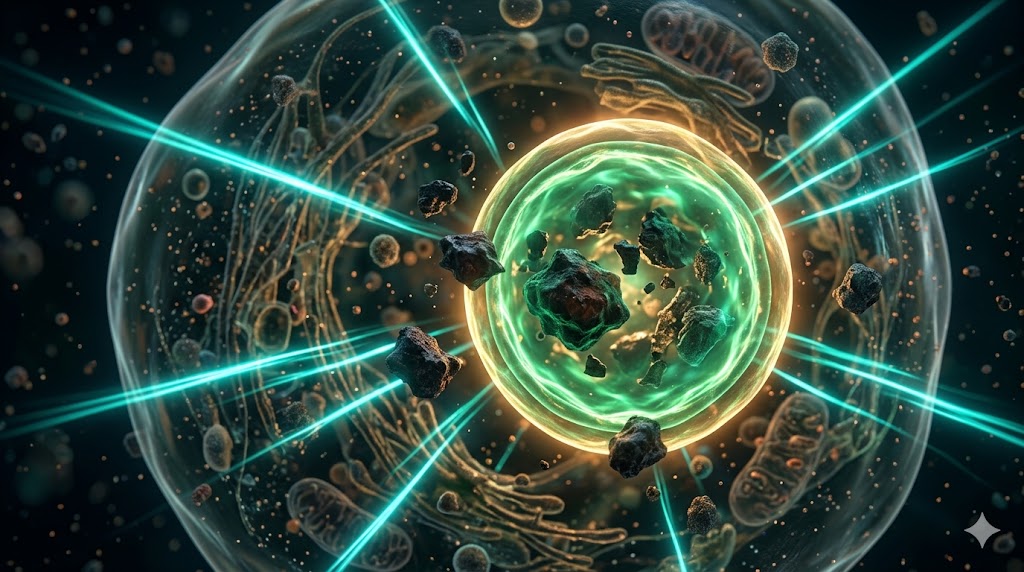 Uma representação em close-up e cinematográfica de uma célula humana viva onde uma esfera verde brilhante (Autofagossomo) está engolindo pedaços rochosos e escuros de detritos celulares. Linhas de luz ciano brilhante cruzam o ambiente celular sombrio, iluminando feixes de energia.