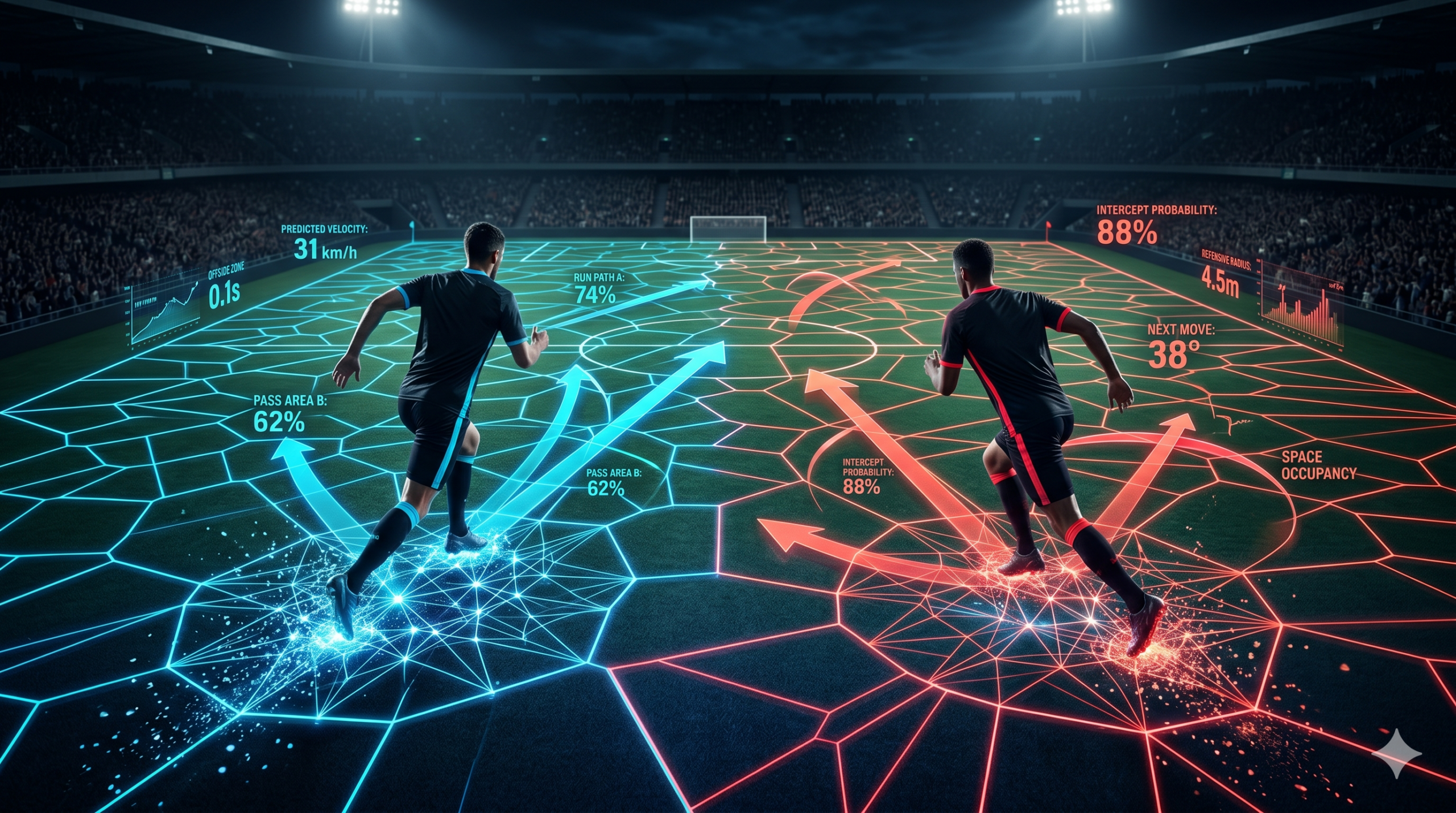 Fotografia de dois jogadores de futebol correndo em um campo à noite. O gramado convencional foi transformado em uma grade geométrica iluminada em neon azul e vermelho. Linhas holográficas, setas direcionais e porcentagens flutuam ao redor dos atletas, mostrando cálculos matemáticos em tempo real sobre seus próximos movimentos e controle de espaço, semelhante à interface de um videogame tecnológico.