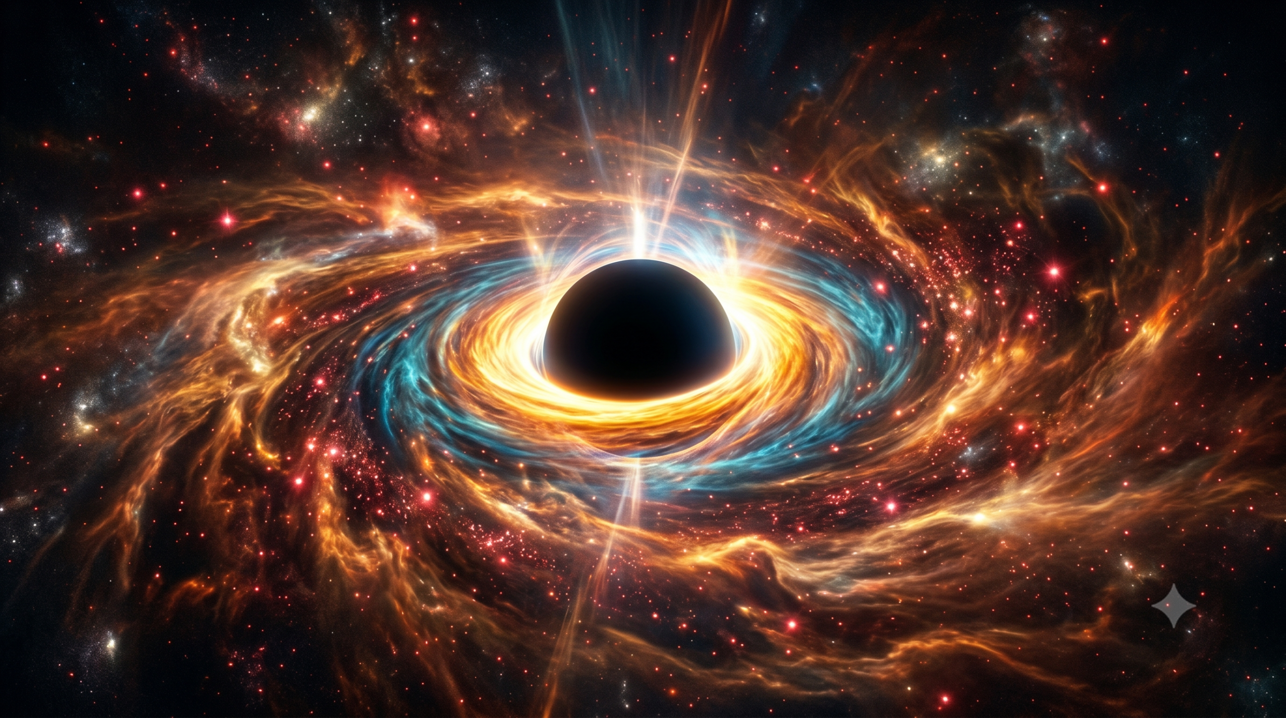 Imagem espacial fotorrealista mostrando um grande buraco negro supermassivo no centro, cercado por um anel de luz brilhante e giratório nas cores laranja, dourado e azul-ciano. Redemoinhos de gás cósmico brilhante e pequenas estrelas brilhantes estão sendo sugados em direção à escuridão central. O fundo é o espaço profundo repleto de poeira estelar.