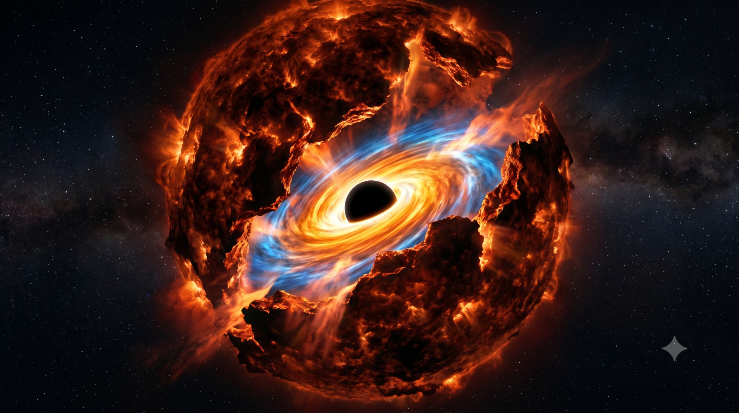 Imagem espacial realista de uma gigantesca estrela vermelha em chamas flutuando no espaço escuro. A estrela possui enormes rachaduras abertas em sua superfície. Através dessas rachaduras, vê-se o seu núcleo: um buraco negro perfeitamente redondo e escuro cercado por um disco espiral de luz brilhante nas cores dourado, laranja e azul.