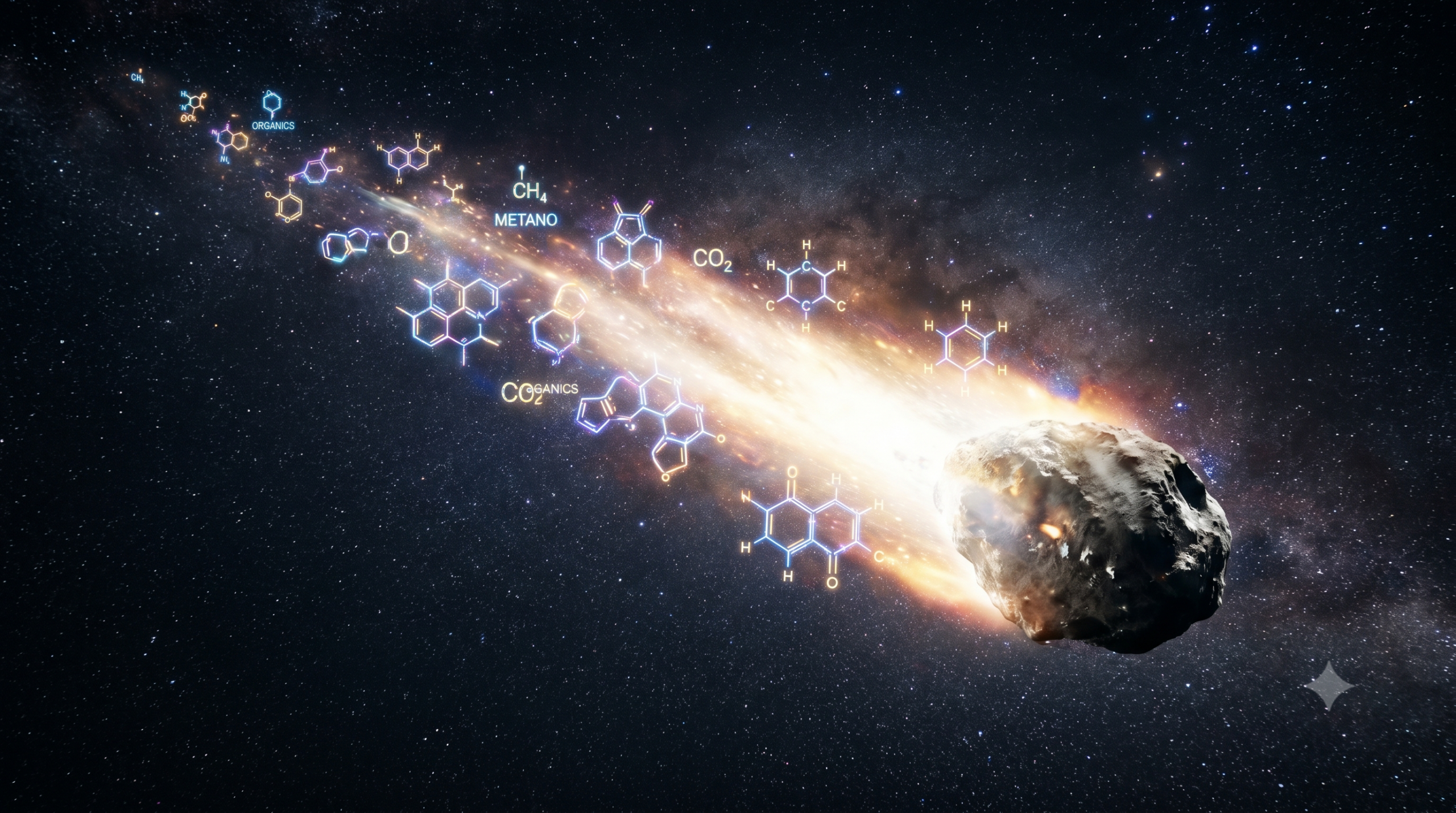 Imagem espacial realista de um cometa rochoso voando pelo espaço sideral escuro e estrelado. Da sua cauda brilhante de gás e luz, desprendem-se pequenos símbolos químicos flutuantes e moléculas hexagonais orgânicas brilhando em neon azul, roxo e dourado, deixando um rastro químico pelo cosmos.