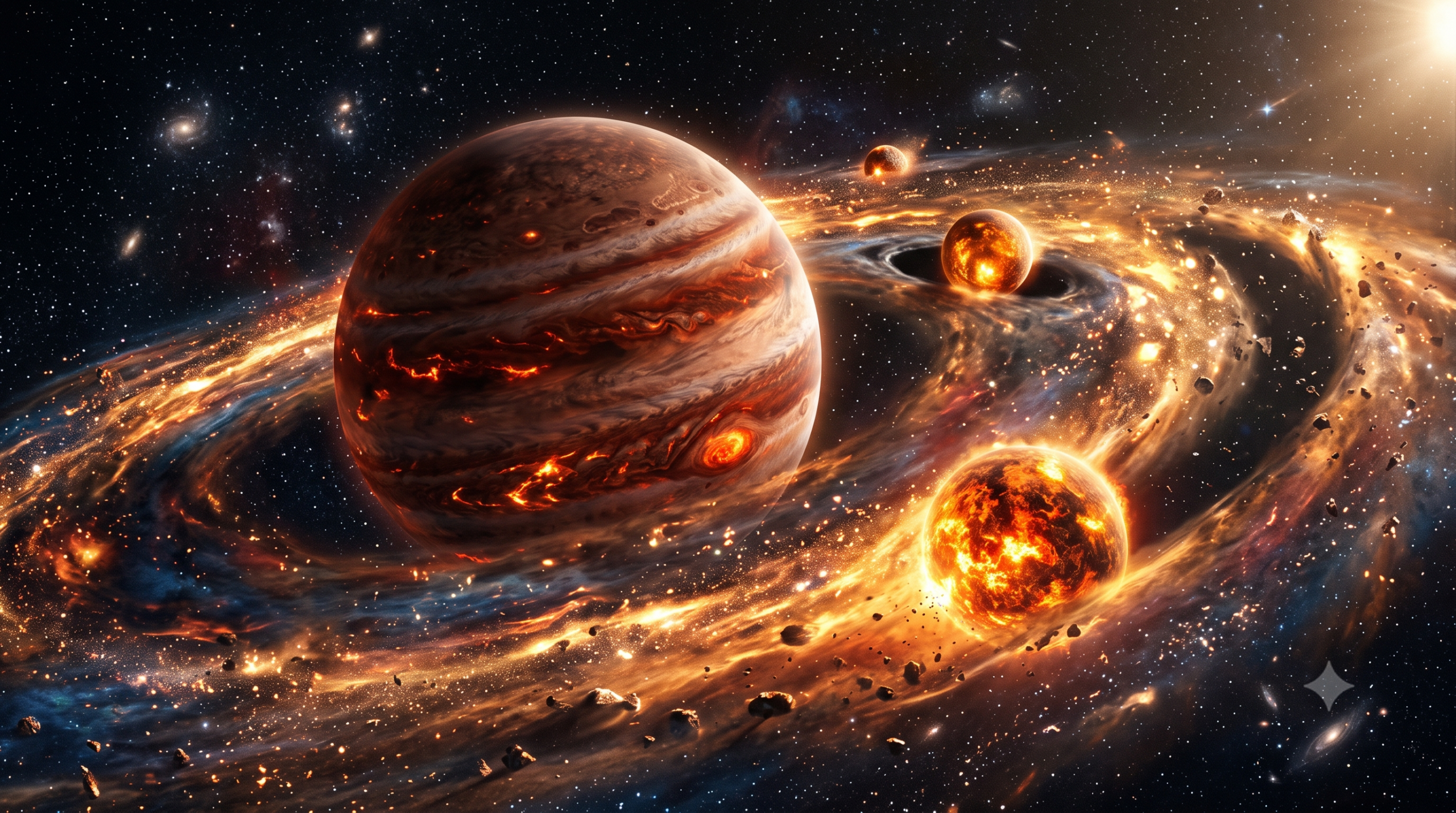 Um exoplaneta gasoso incandescente marrom-avermelhado no centro de um espesso e caótico disco de detritos dourados e alaranjados, onde exoluas nascentes abrem fendas limpas na poeira, tudo contra um fundo estrelado dramático.