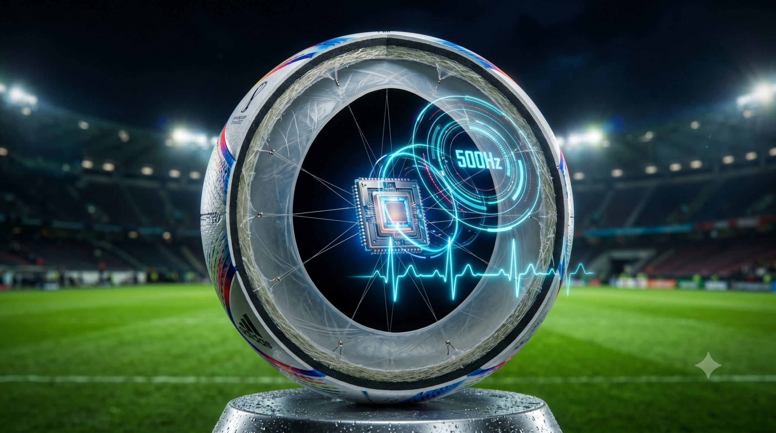 Fotografia macro fotorrealista mostrando uma bola de futebol cortada ao meio. No espaço oco no interior da bola, flutua um microchip iluminado sustentado por fios finos. O chip projeta gráficos holográficos em azul-neon brilhante, incluindo o texto '500Hz' e uma linha de batimento cardíaco. O fundo é um estádio de futebol à noite, desfocado.