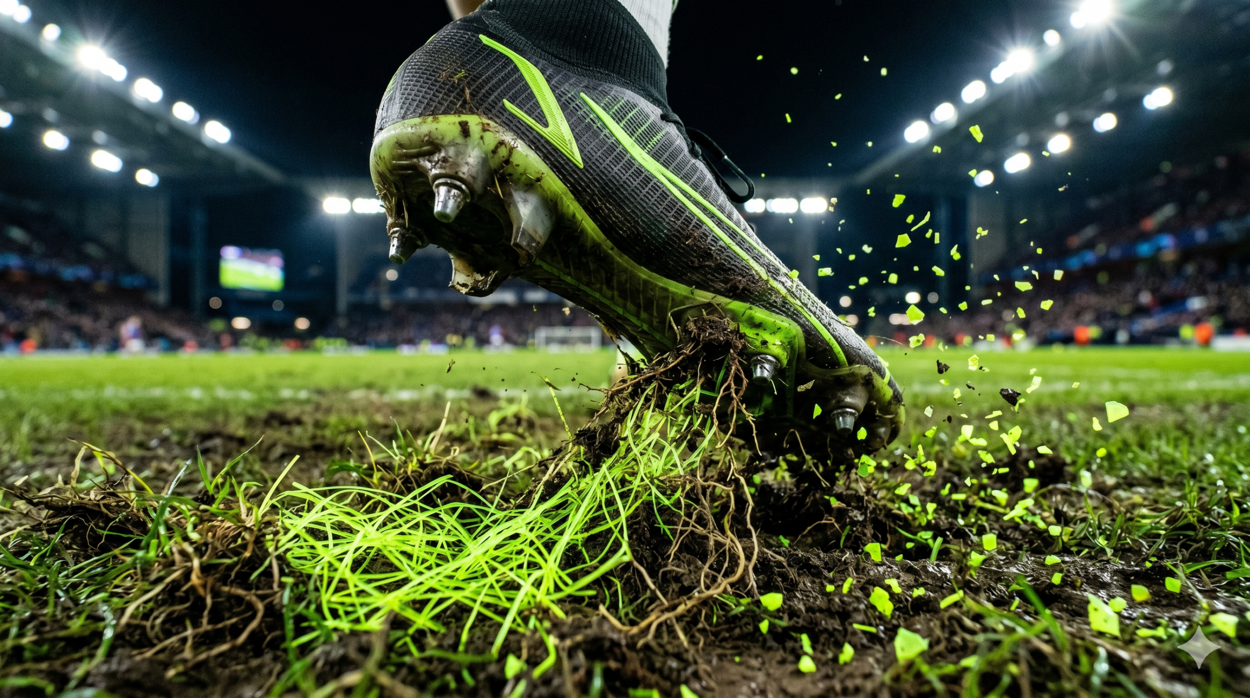 Fotografia em close-up extremo (macro) da sola de uma chuteira de futebol pisando e levantando terra do gramado. Na terra levantada, misturam-se raízes escuras e fios de plástico verde-neon brilhante. Pequenas partículas luminosas saltam no ar. Ao fundo, luzes brilhantes e desfocadas de um estádio de futebol à noite.